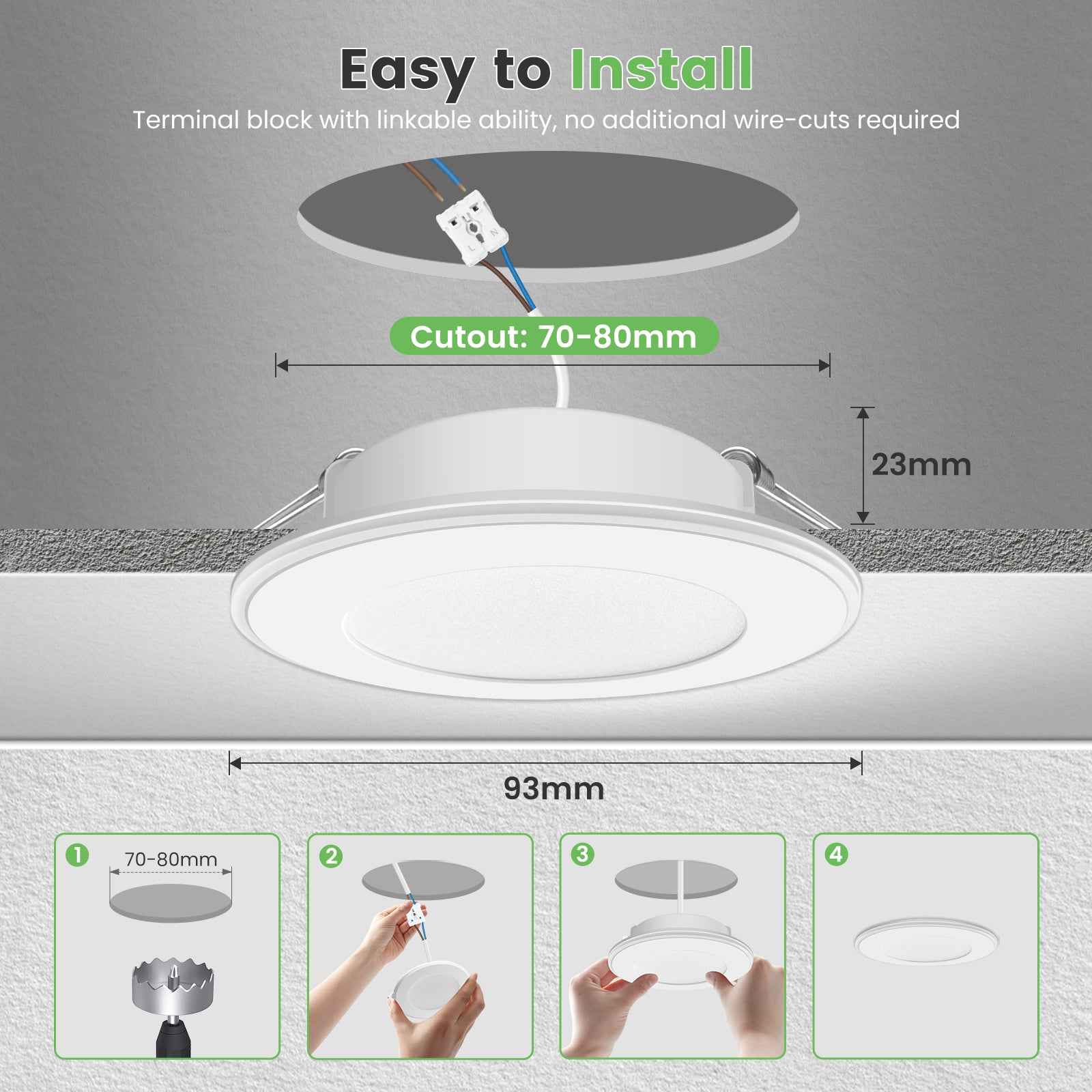 5W LED Recessed Spotlight 70-80mm Night Light 430lm Dimmable 3CCT White Indoor Lamp 6-Pack - ALUSSO LIGHTING