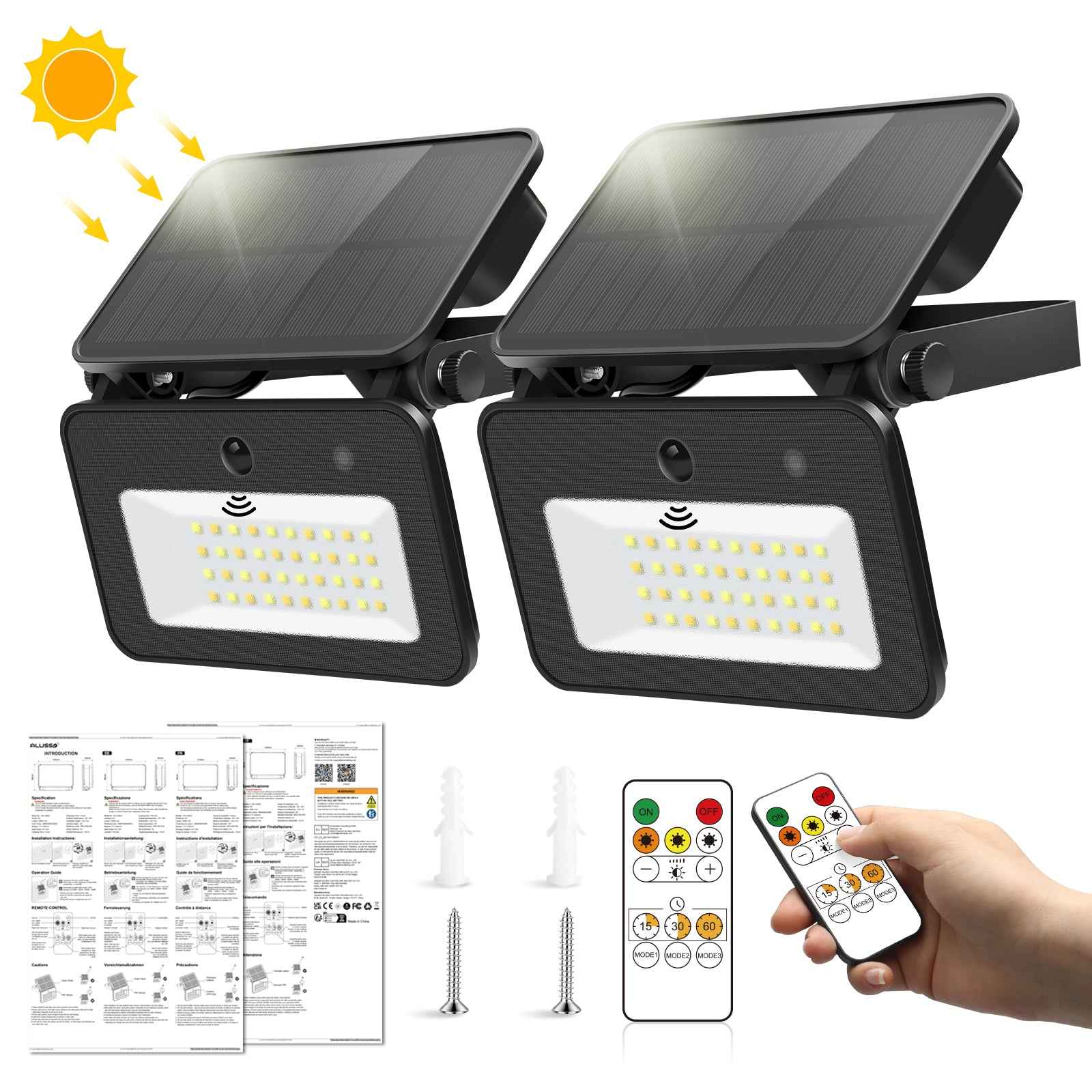 2 Pack Outdoor LED Solar Security Lights with PIR Motion Sensor 3CCT Flood Lamp - ALUSSO LIGHTING