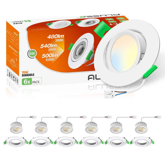 6W ∅75-78mm Swiveling White Recessed Led Ceiling Lights Tilt Angle, Tri-Color, Dimmable, 60°/120° Variable Beam Angle, IP20, 6 PACK - ALUSSO LIGHTING