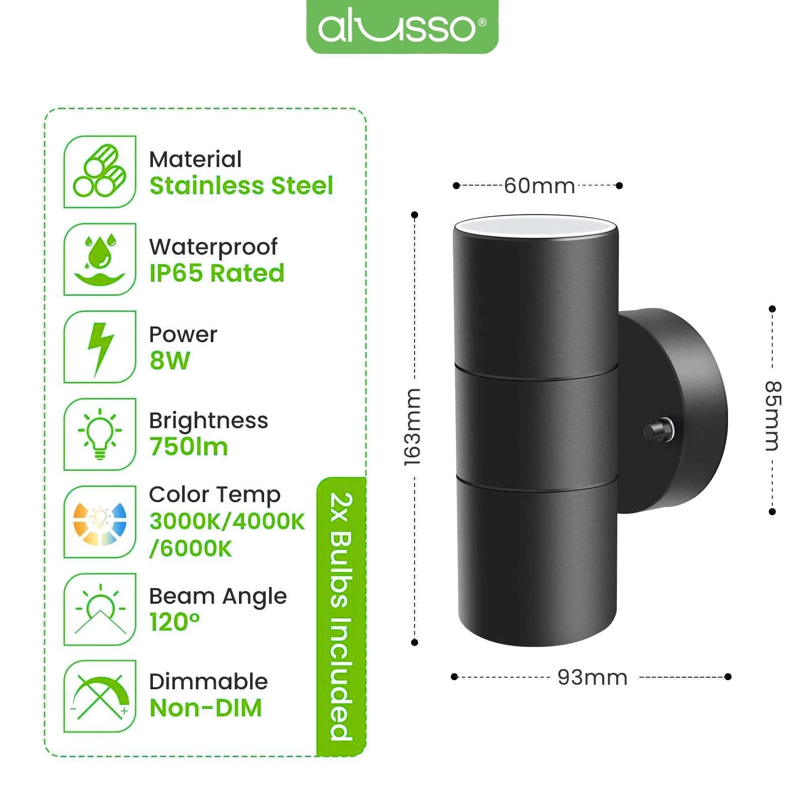 8W 750LM Outdoor Stainless Steel Up Down Wall Light IP65, 3000K/4000K/6000K, Black