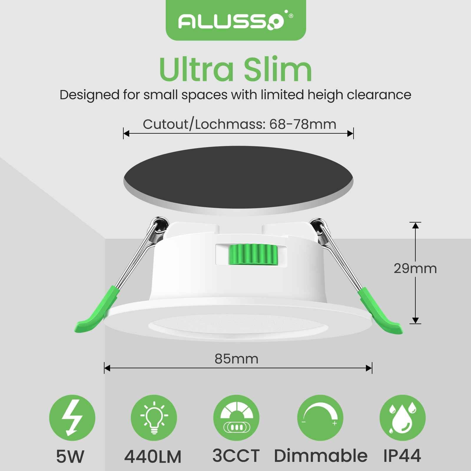 10 Pack 5W 68-78mm Cutout Ultra Slim LED Downlight 3CCT 3000K 4000K 6500K Dimmable IP44 White/Nickel Frame - ALUSSO LIGHTING