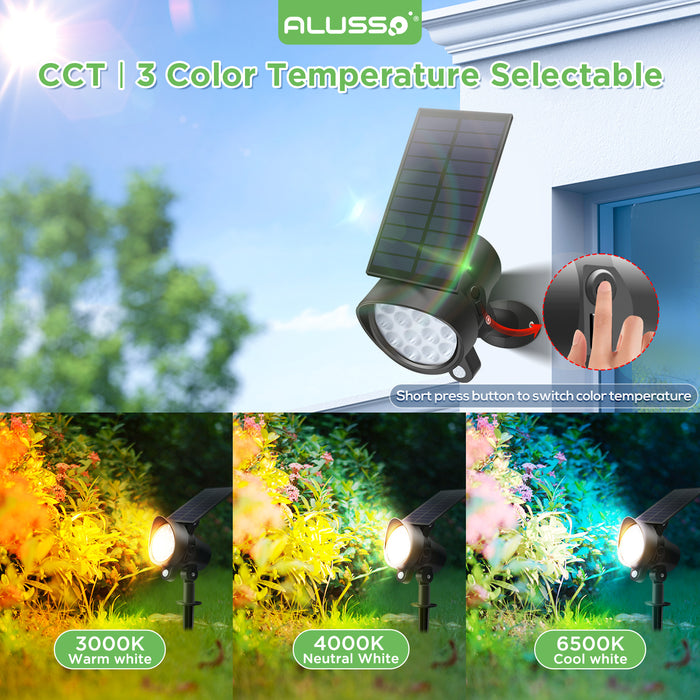 ALUSSO RGB Solar Spotlights Outdoor Motion Sensor, 3CCT Dimmable, IP65 Waterproof Landscape Lighting for Outside Yard Pathway Garden, 4 Pack