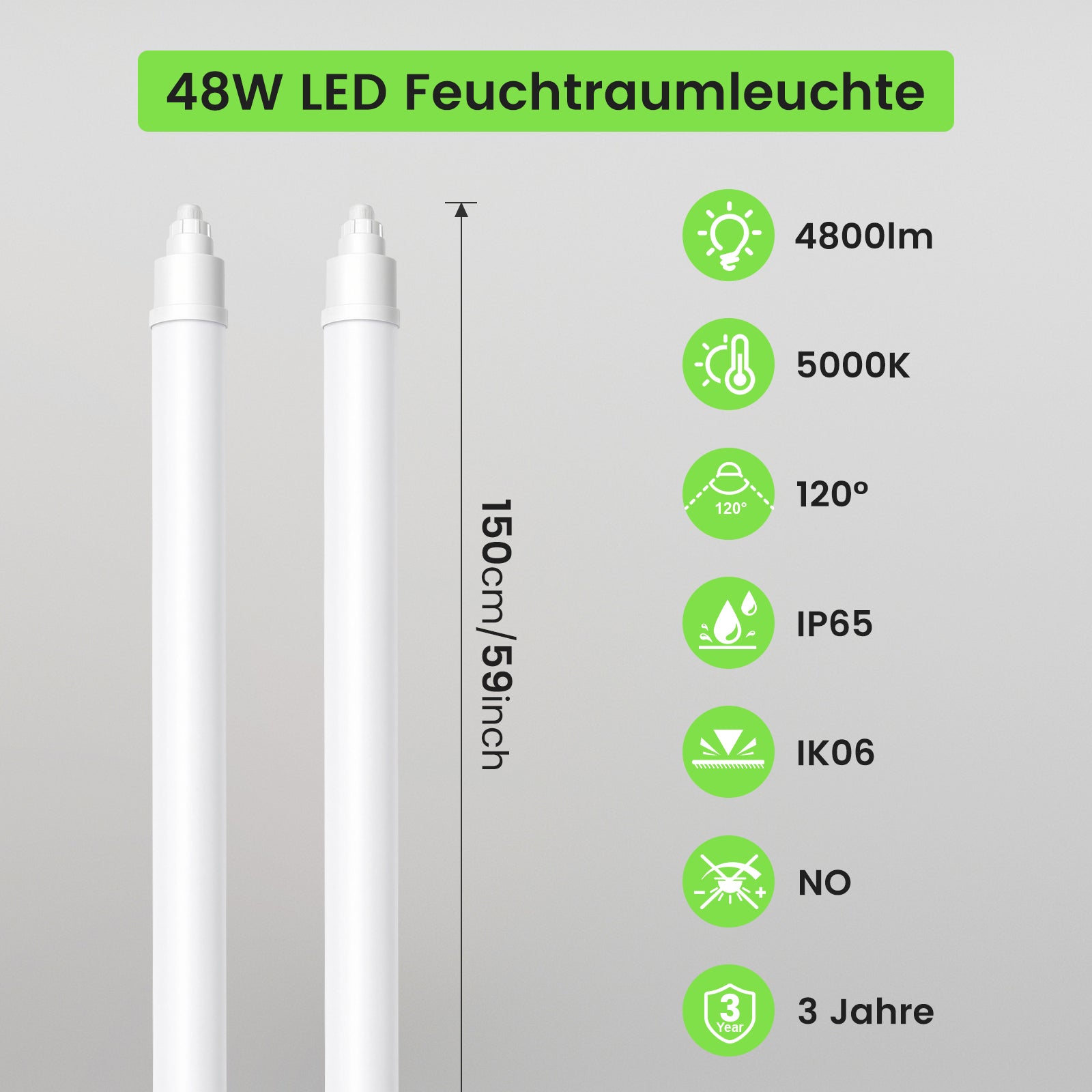2x LED Tri-proof Ceiling Light 117cm IP65 4000K Linkable 36W Luminaire for Garage, Basement, Workshop, Wet Room, Bathroom, Office, Warehouse
