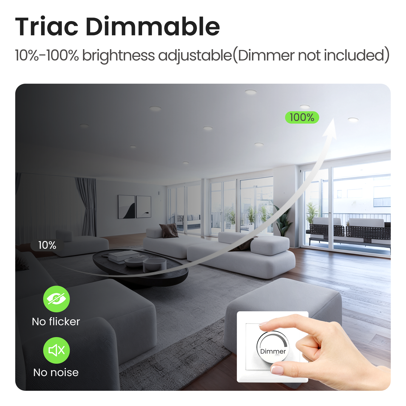 8W 10W 12W 90-130mm Recessed Led Ceiling Lights 1200lm High Bright, Tri-Color, Dimmable, IP44/IP65, 6 PACK