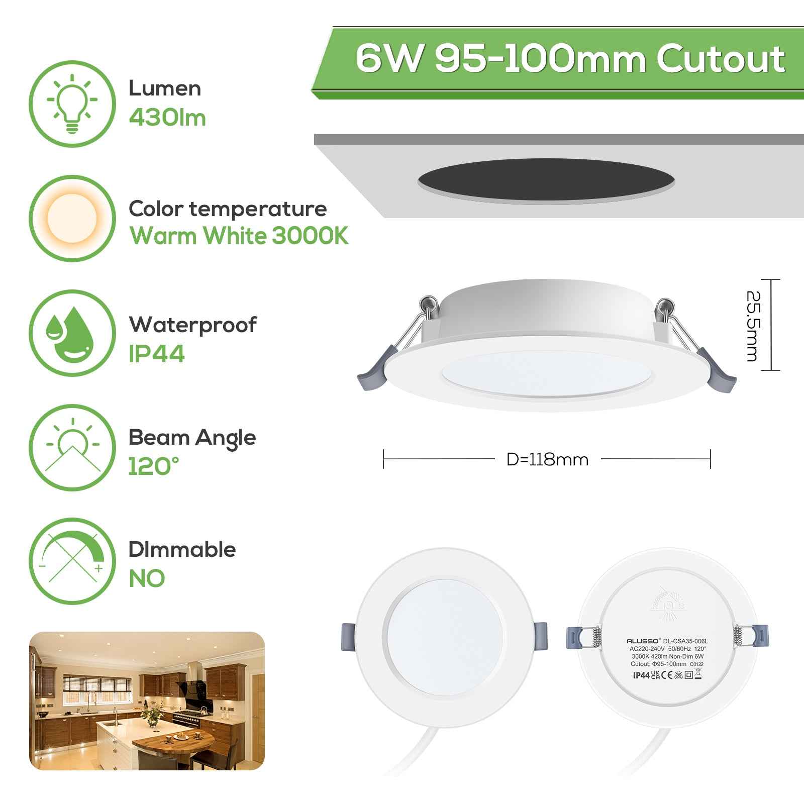 6W Ø95-100mm LED Recessed Ceiling Lights Utral Slim, Warm White 3000K, 6 PACK, IP44 - ALUSSO LIGHTING