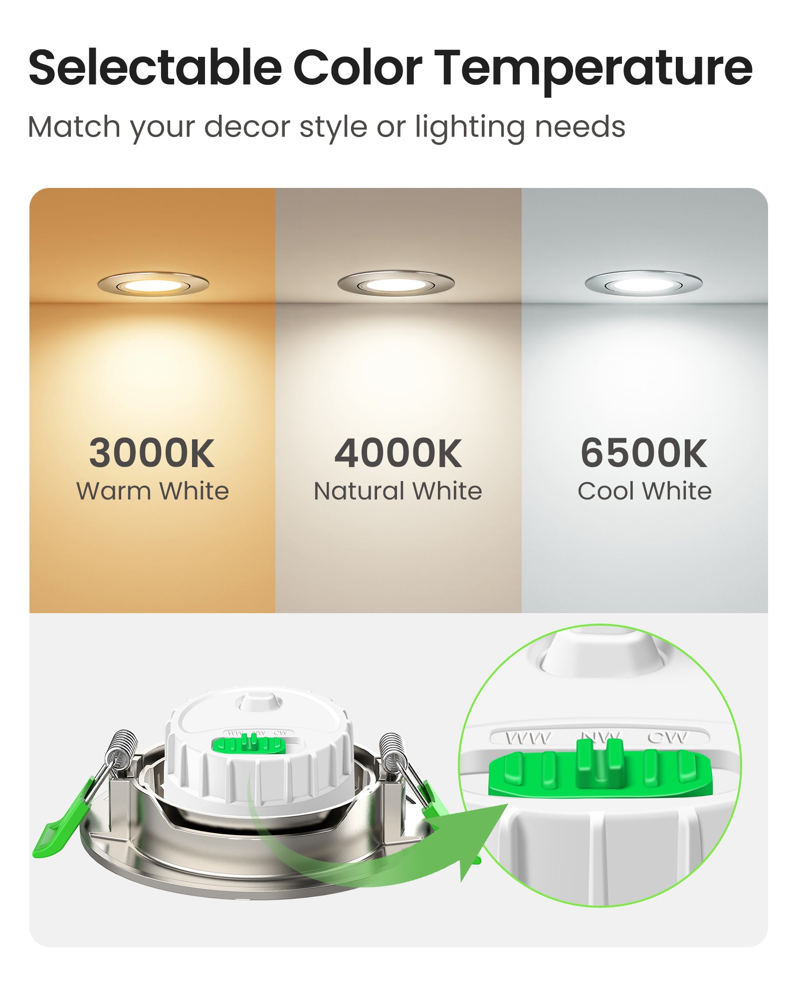 6W ∅75-78mm Swiveling Nickel Recessed Led Ceiling Lights Tilt Angle, Tri-Color, Dimmable, 60°/120° Variable Beam Angle, IP20, 6 PACK