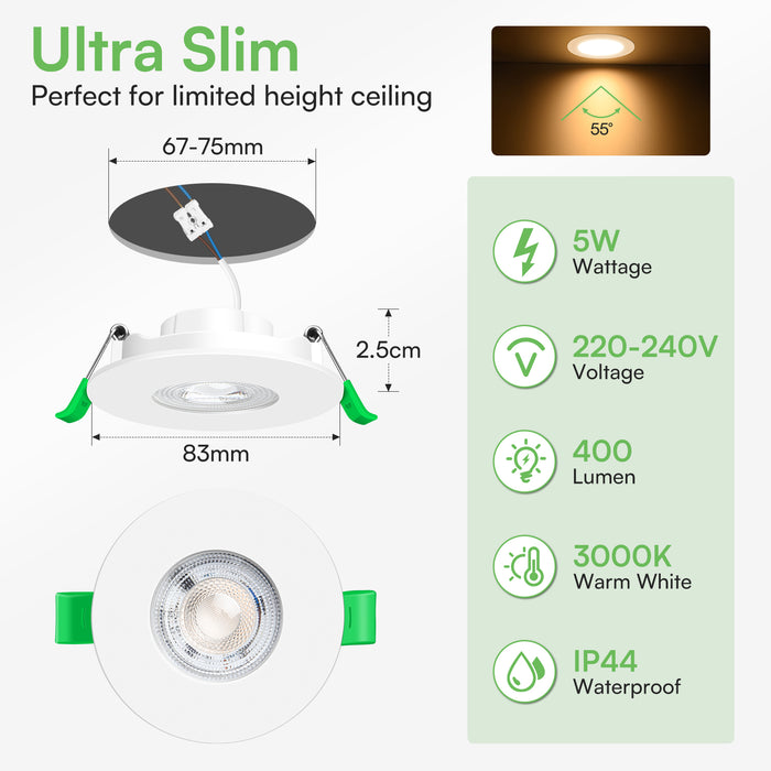 5W White Ultra Slim Recessed LED Flat Panel Ceiling Spot Lights Downlights, 55° Beam Angle, 3000K / 6000K, 6PACK