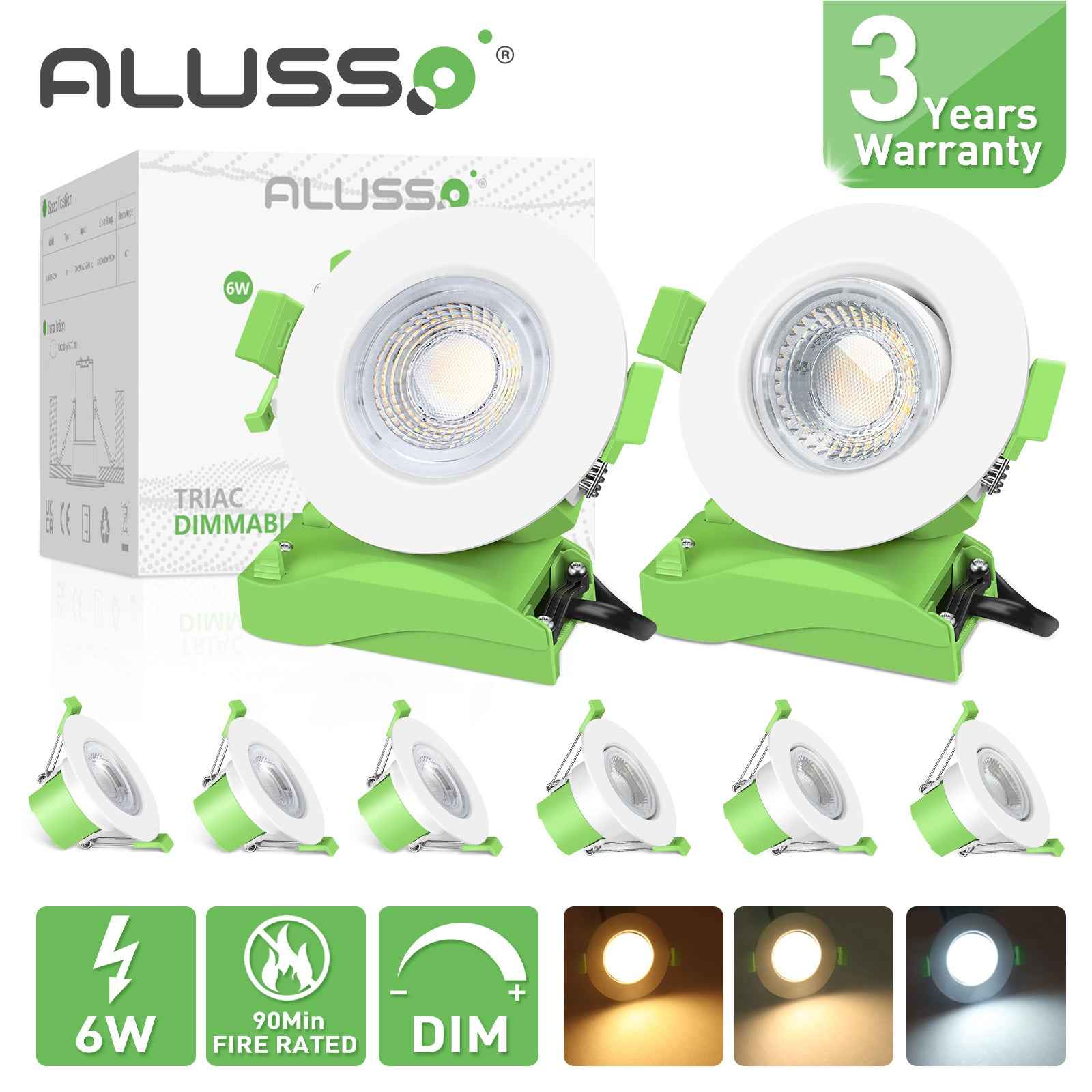 Recessed LED Ceiling Light Fire Rated Spotlight IP65 Dimmable Downlights 6W - ALUSSO LIGHTING