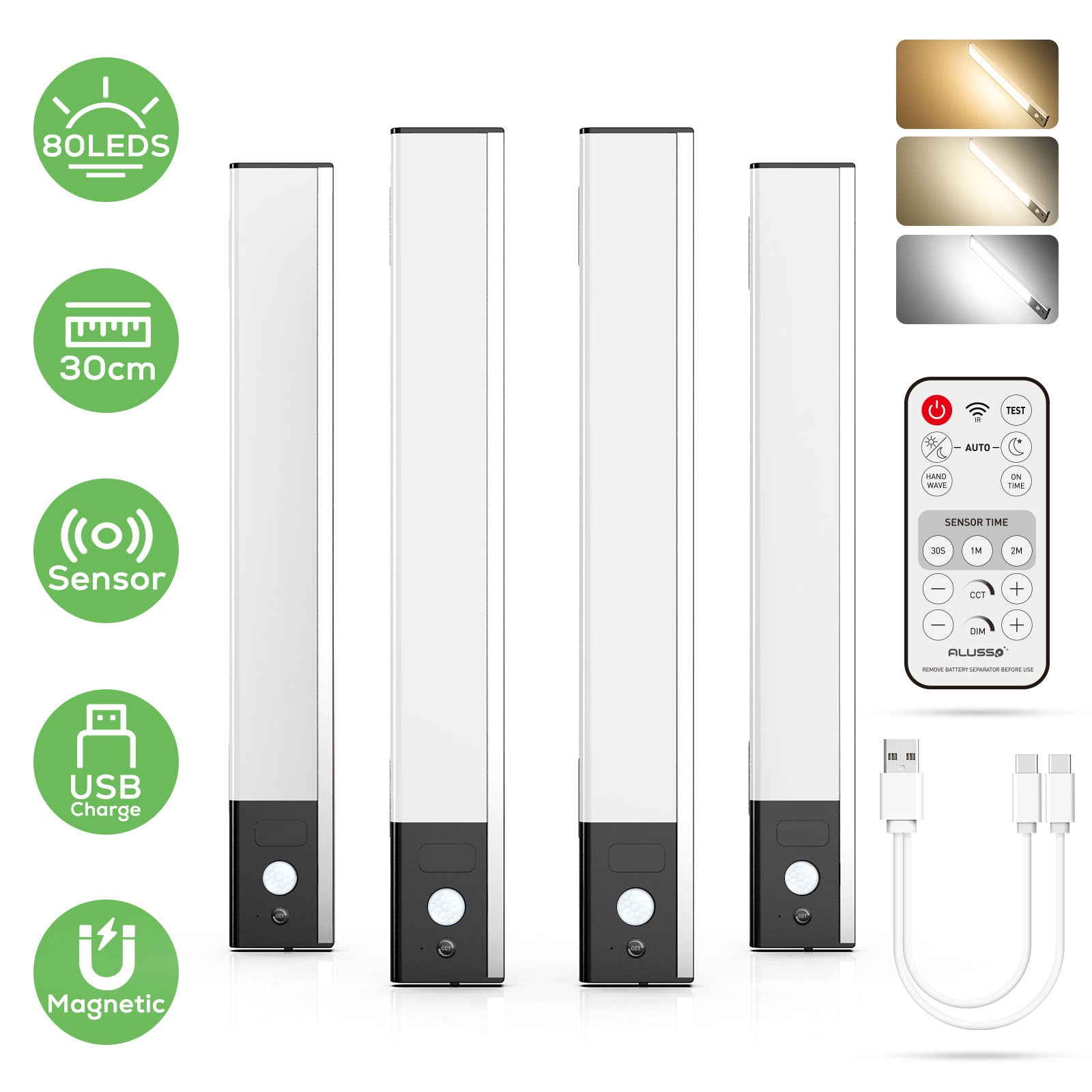 4 Pcs Wireless LED PIR Motion Sensor Cabinet Light, USB Rechargeable, 3 Modes, Dimmable, 3000K-4000K-6500K