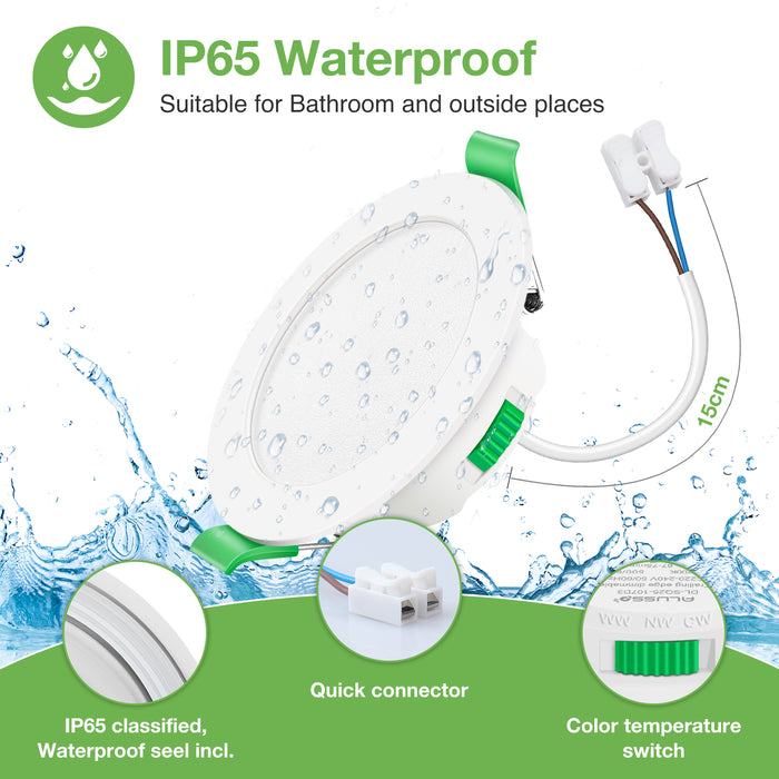 10pcs White Recessed LED Ceiling Lights 5.5W Dimmbale 67-75mm Cutout IP65 Waterproof