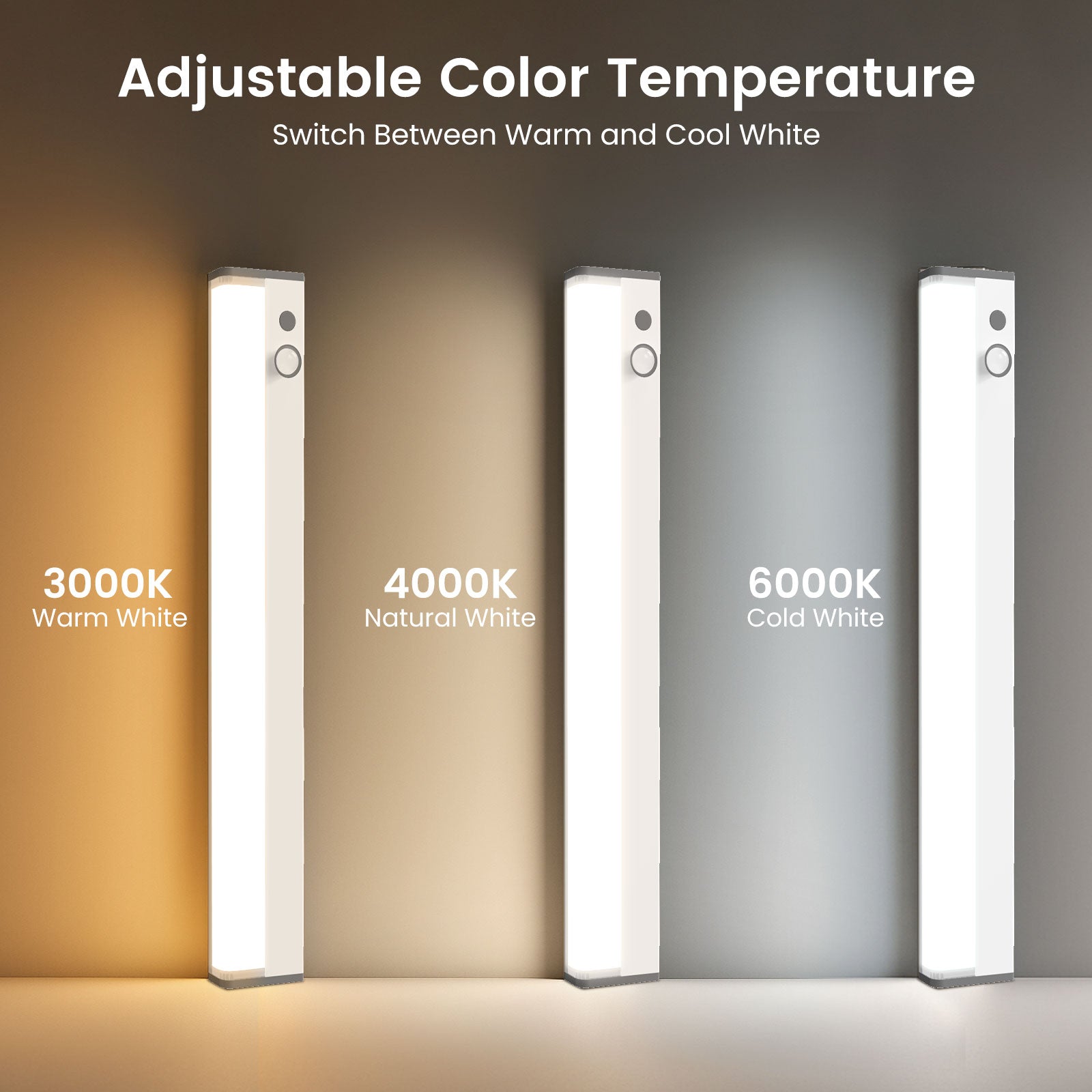 ALUSSO LED Under Cabinet Lights with Motion Sensor, Brightness and Color Temperature Control (3000K/4000K/6500K), 30cm USB Rechargeable Night Light for Stairs, Bedroom, 2 Pack