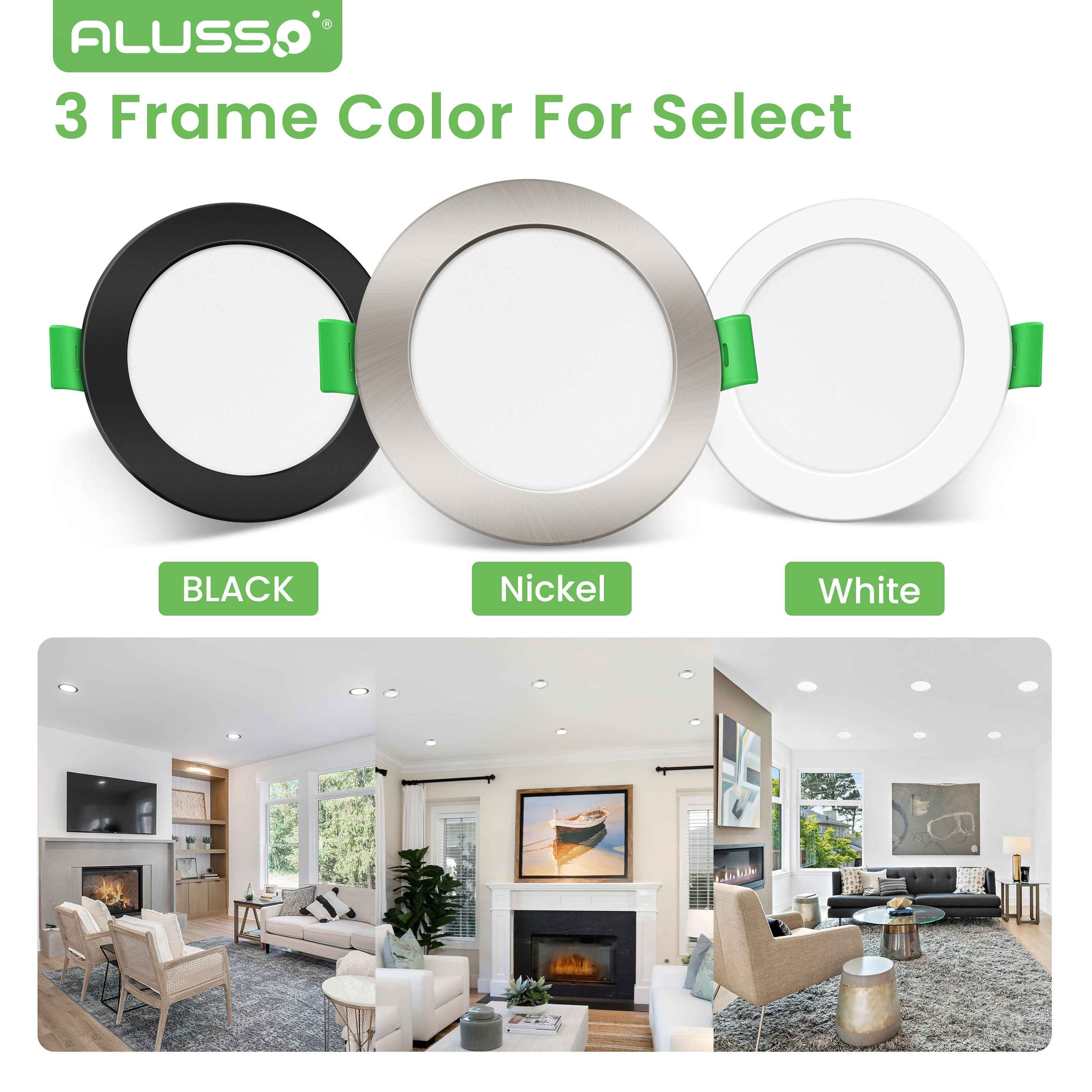 4W 5W 7W 10W 15W 22W Ultra Slim LED Downlight 55-205mm Cutout 3CCT 3000K 4000K 6500K Dimmable IP44 White/Nickel/Black Frame, 6 Pack - ALUSSO LIGHTING