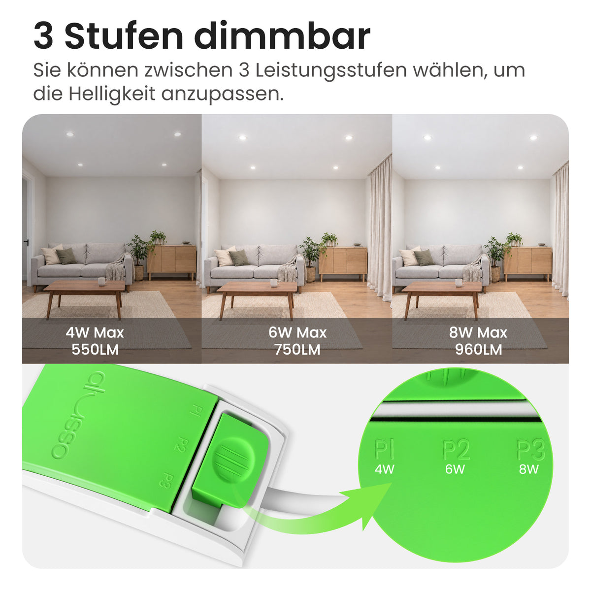 ALUSSO 3CCT LED Einbaustrahler 230V Dimmbar 4W/6W/8W IP44, Loch 68-75MM, 6er Set