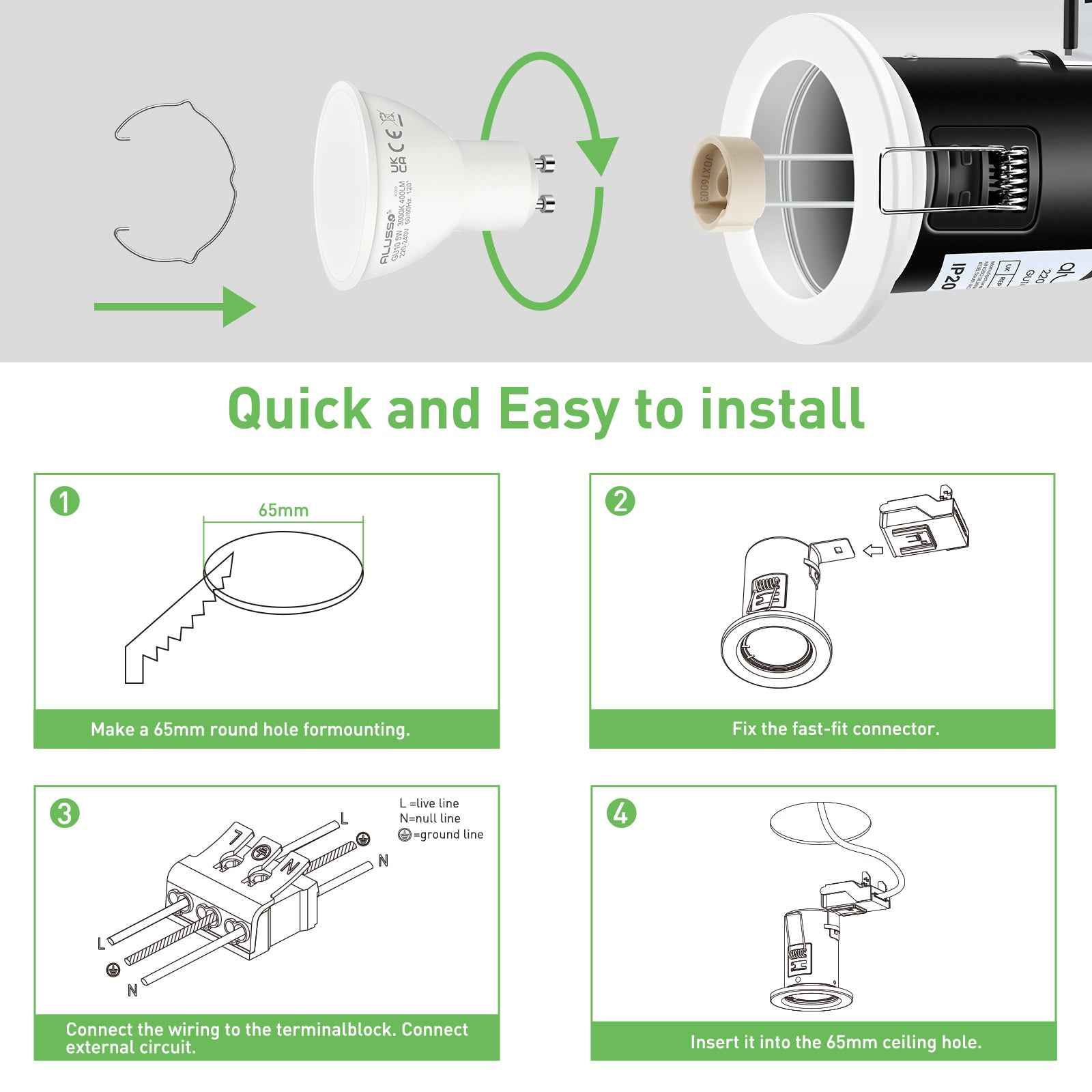 10x 65mm Recessed Fire Rated Ceiling Downlights LED GU10 Spotlights Downlighters - ALUSSO LIGHTING