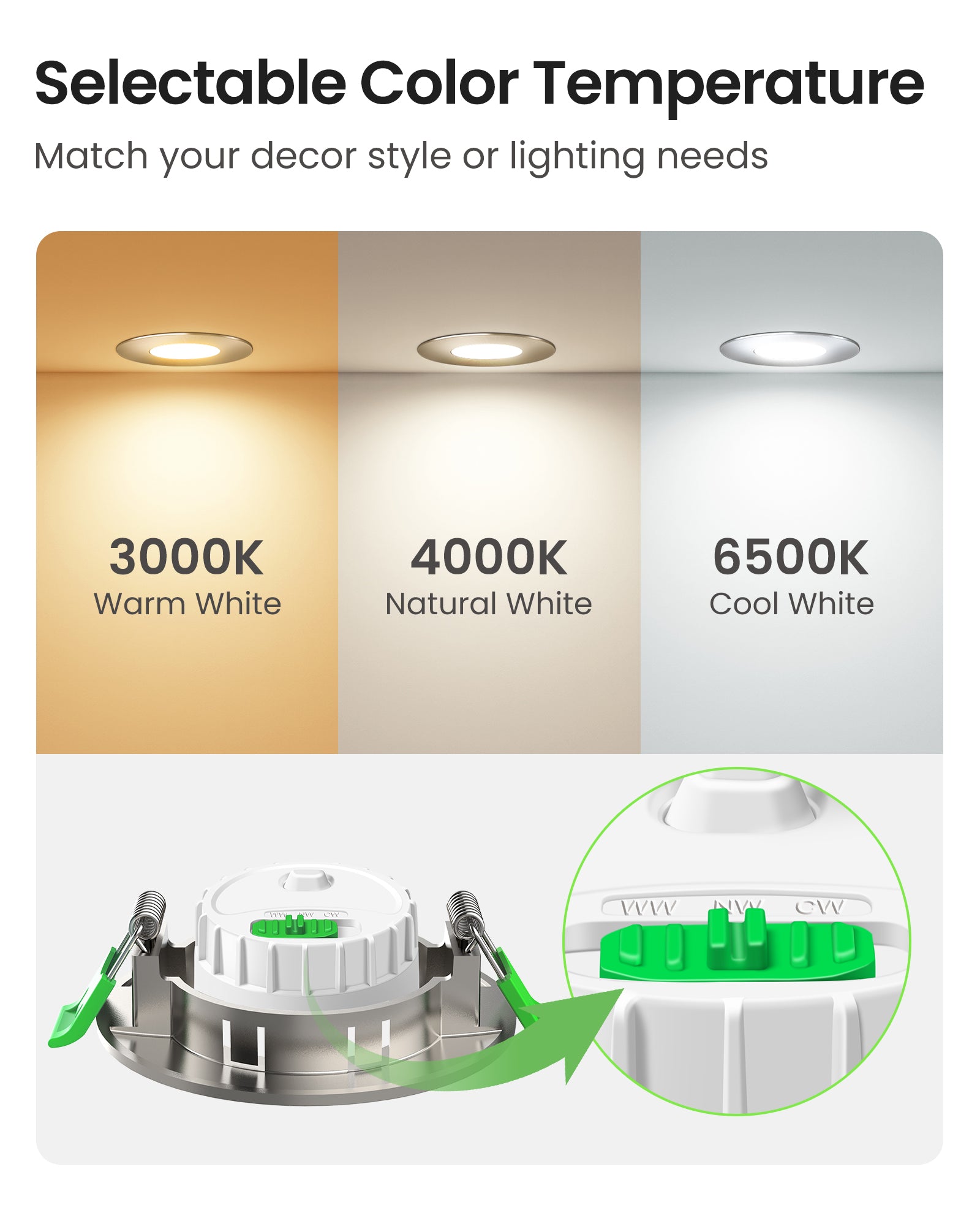 6W ∅68-75mm Nickel Recessed Led Ceiling Lights Flach 60°/120° Variable Beam Angle, Tri-Color, Dimmable, IP44, 6 PACK