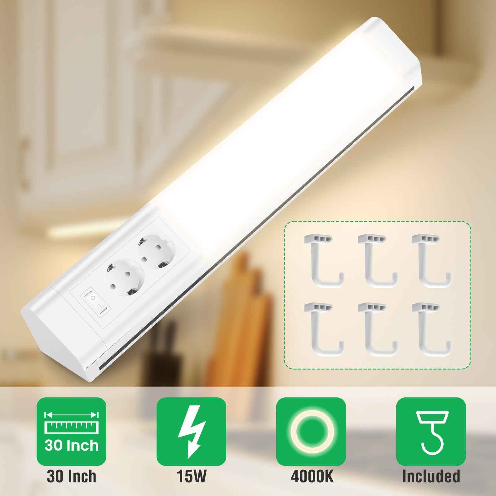 30'' LED Under-Cabinet Light EU Sockets 15W 4000K Ceiling Lamp With 6 Hooks Under Cabinet