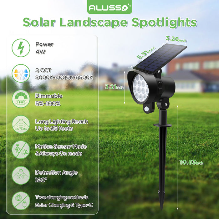 ALUSSO RGB Solar Spotlights Outdoor Motion Sensor, 3CCT Dimmable, IP65 Waterproof Landscape Lighting for Outside Yard Pathway Garden, 4 Pack