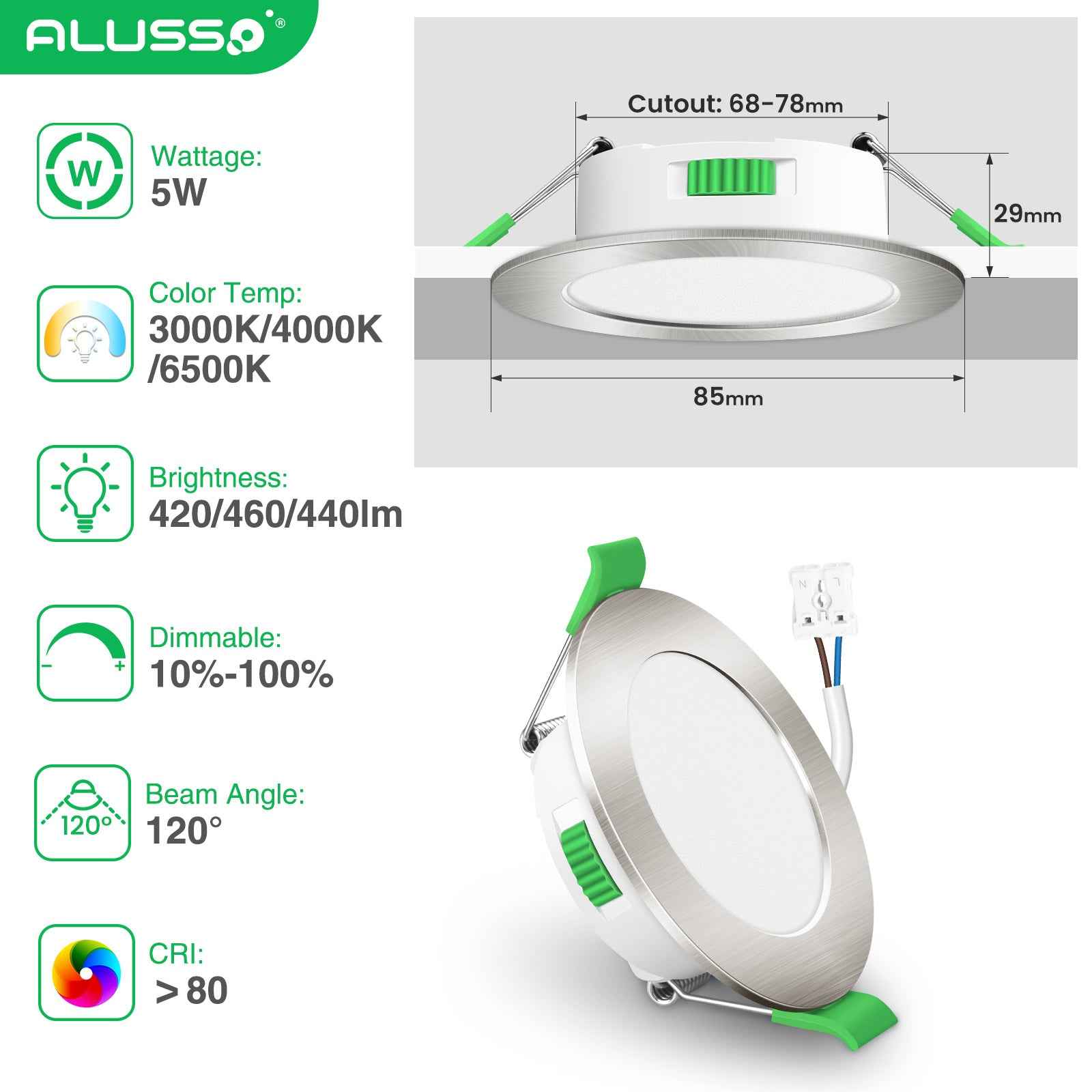 10 Pack 5W 68-78mm Cutout Ultra Slim LED Downlight 3CCT 3000K 4000K 6500K Dimmable IP44 White/Nickel Frame - ALUSSO LIGHTING