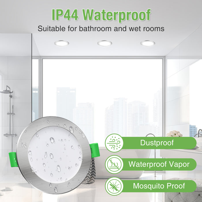 7W Nickel Ultra Slim LED Downlight CCT Dimmable IP44, Cutout 90-100mm 6 Pack