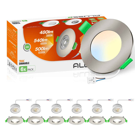 6W ∅68-75mm Nickel Recessed Led Ceiling Lights Flach 60°/120° Variable Beam Angle, Tri-Color, Dimmable, IP44, 6 PACK - ALUSSO LIGHTING