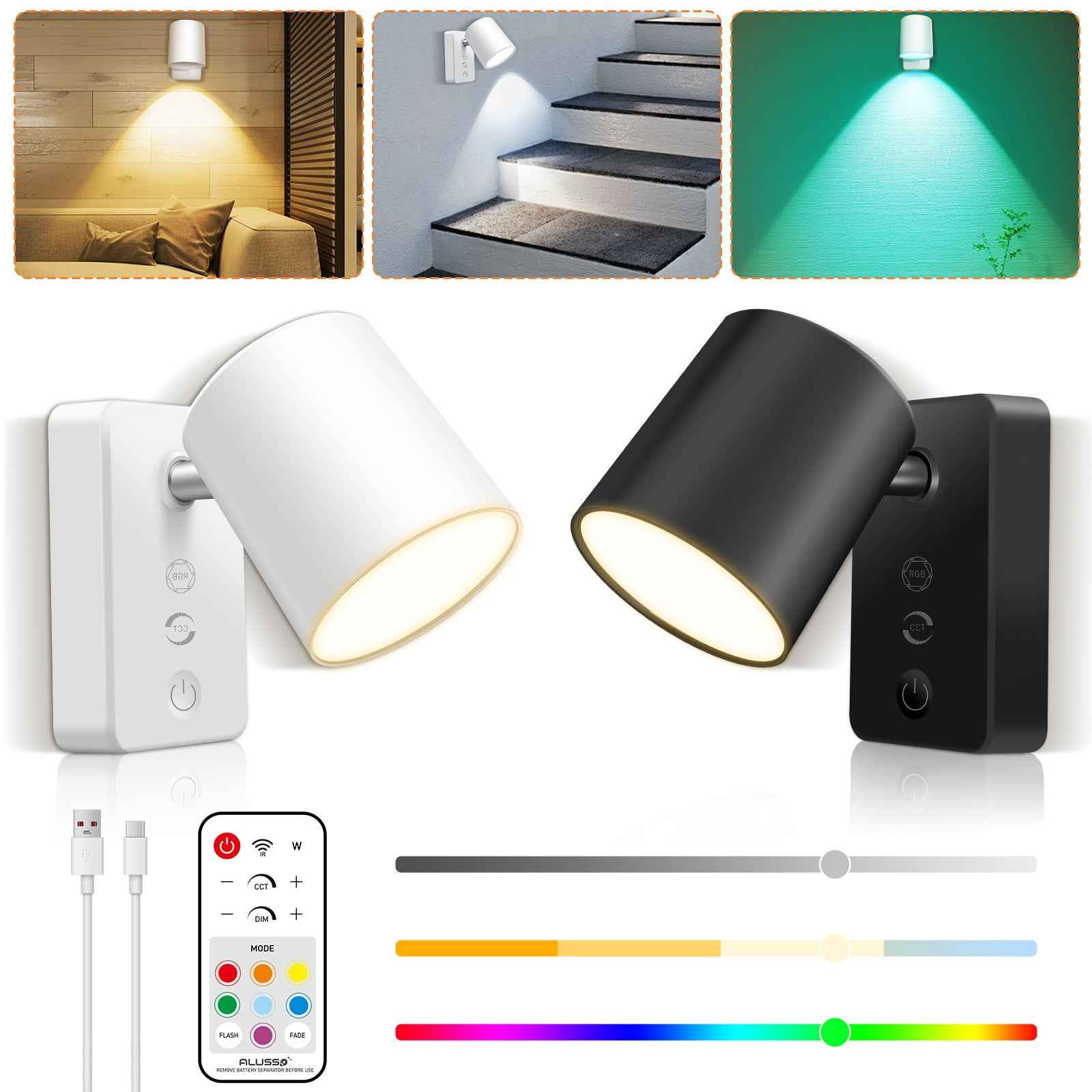 Dimmable LED wall lamp RGBCW wall light Touch reading lamp Night light USB rechargeable - ALUSSO LIGHTING