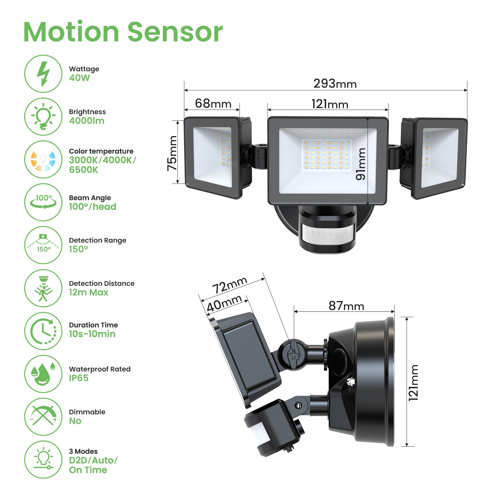 Dreifacher 30W LED-Sicherheitsfluter mit PIR-Bewegungssensor, 2400lm, IP65