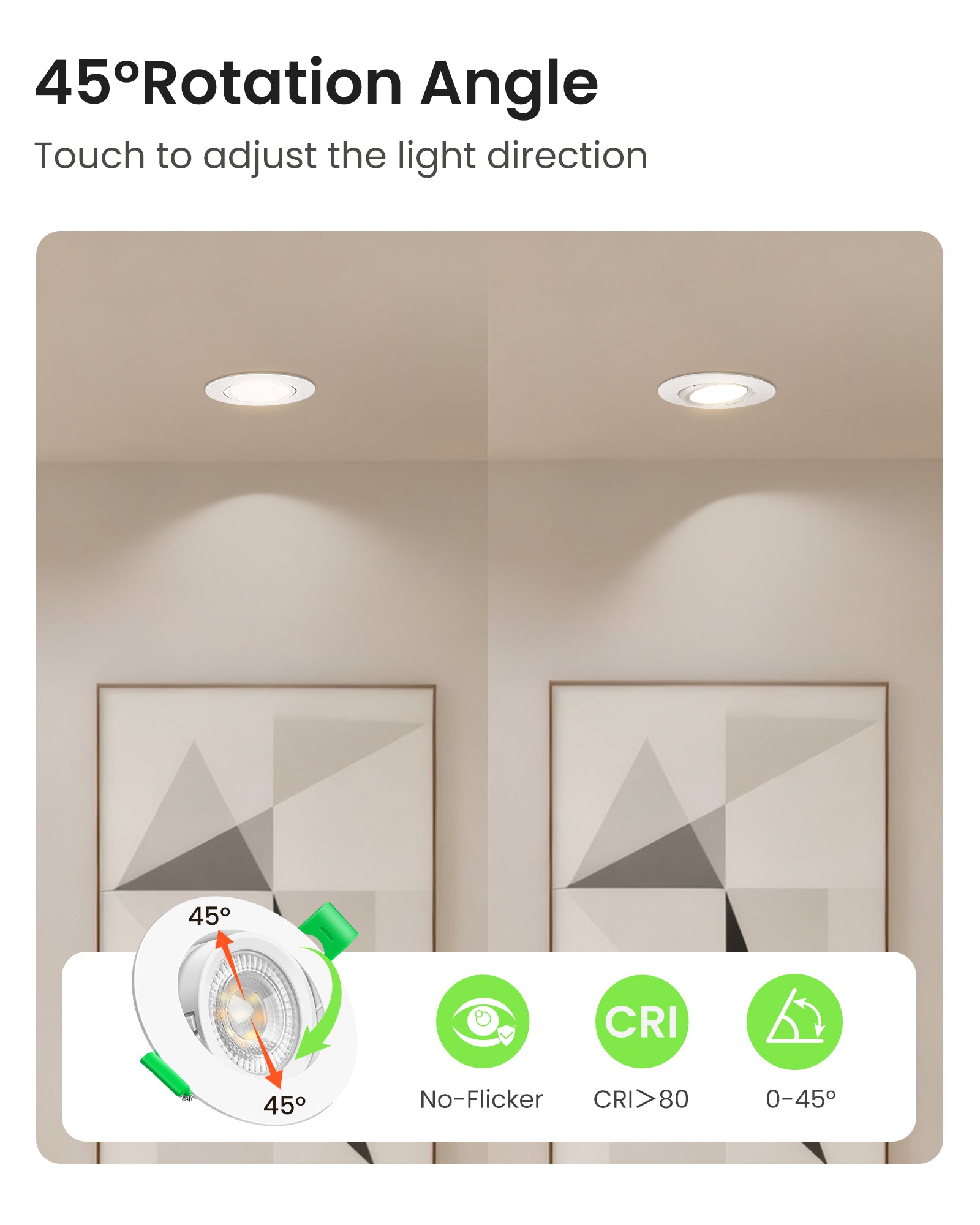 6W ∅75-78mm Swiveling White Recessed Led Ceiling Lights Tilt Angle, Tri-Color, Dimmable, 60°/120° Variable Beam Angle, IP20, 6 PACK