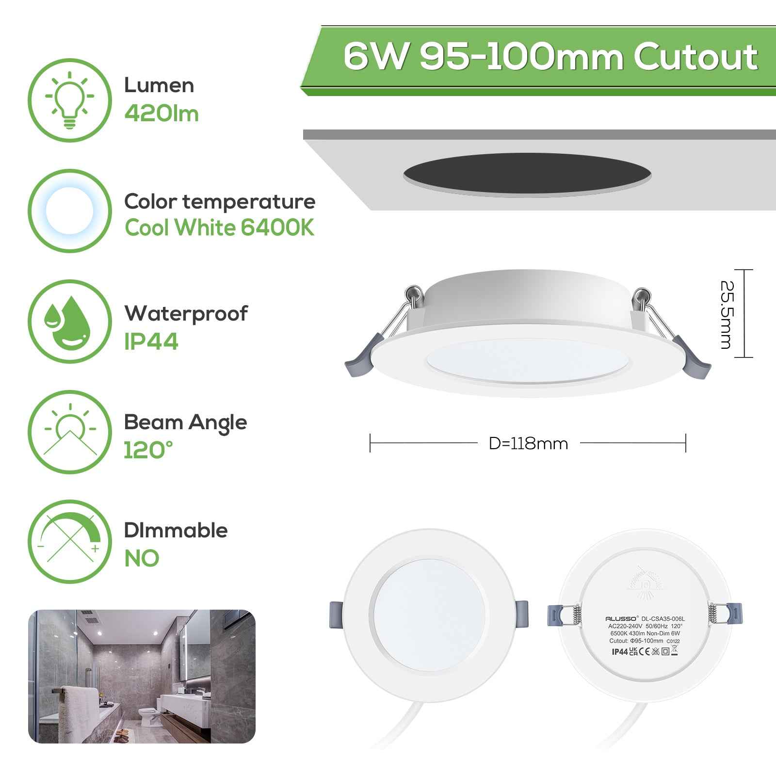 6W Ø95-100mm LED Recessed Ceiling Lights Utral Slim, Cool White 6400K, 6 PACK, IP44 - ALUSSO LIGHTING