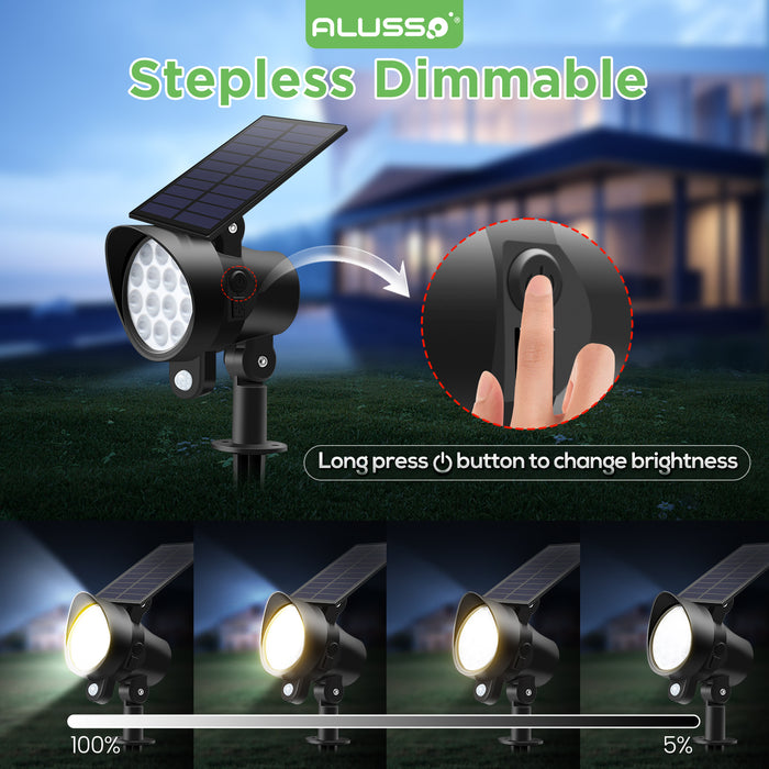 ALUSSO RGB Solar Spotlights Outdoor Motion Sensor, 3CCT Dimmable, IP65 Waterproof Landscape Lighting for Outside Yard Pathway Garden, 4 Pack