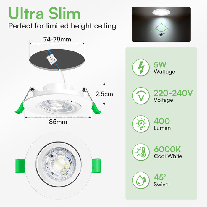 5W White Ultra Slim Recessed LED Flat Panel Ceiling Spot Lights Downlights, 55° Beam Angle, 3000K / 6000K, 6PACK