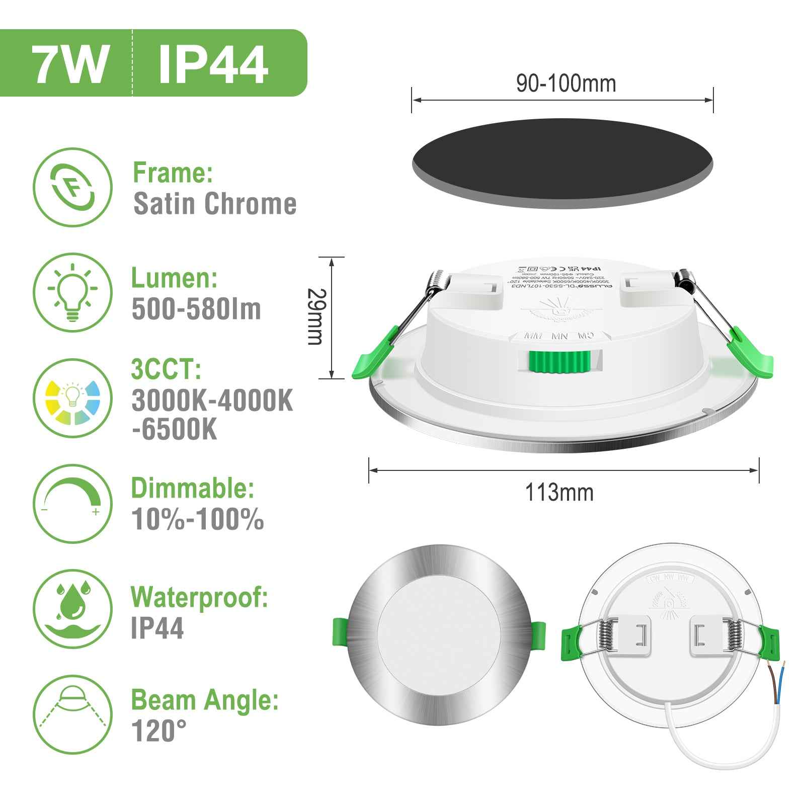 4W 5W 7W 10W 15W 22W Ultra Slim LED Downlight 55-205mm Cutout 3CCT 3000K 4000K 6500K Dimmable IP44 White/Nickel/Black Frame, 6 Pack - ALUSSO LIGHTING