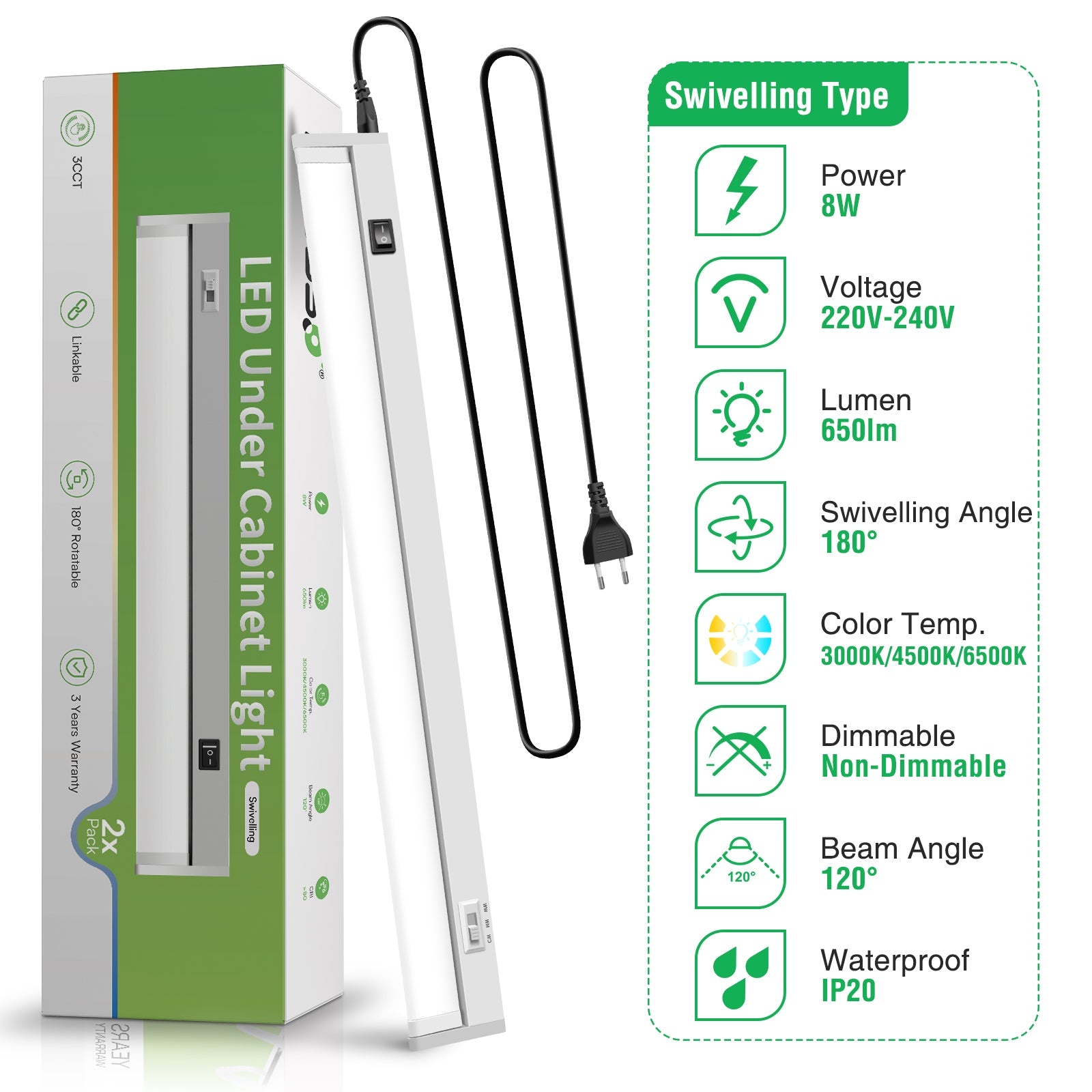 21'' LED Under-Cabinet Lighte 8W 3CCT Swivel 2pcs Linkable Kitchen Ceiling Light