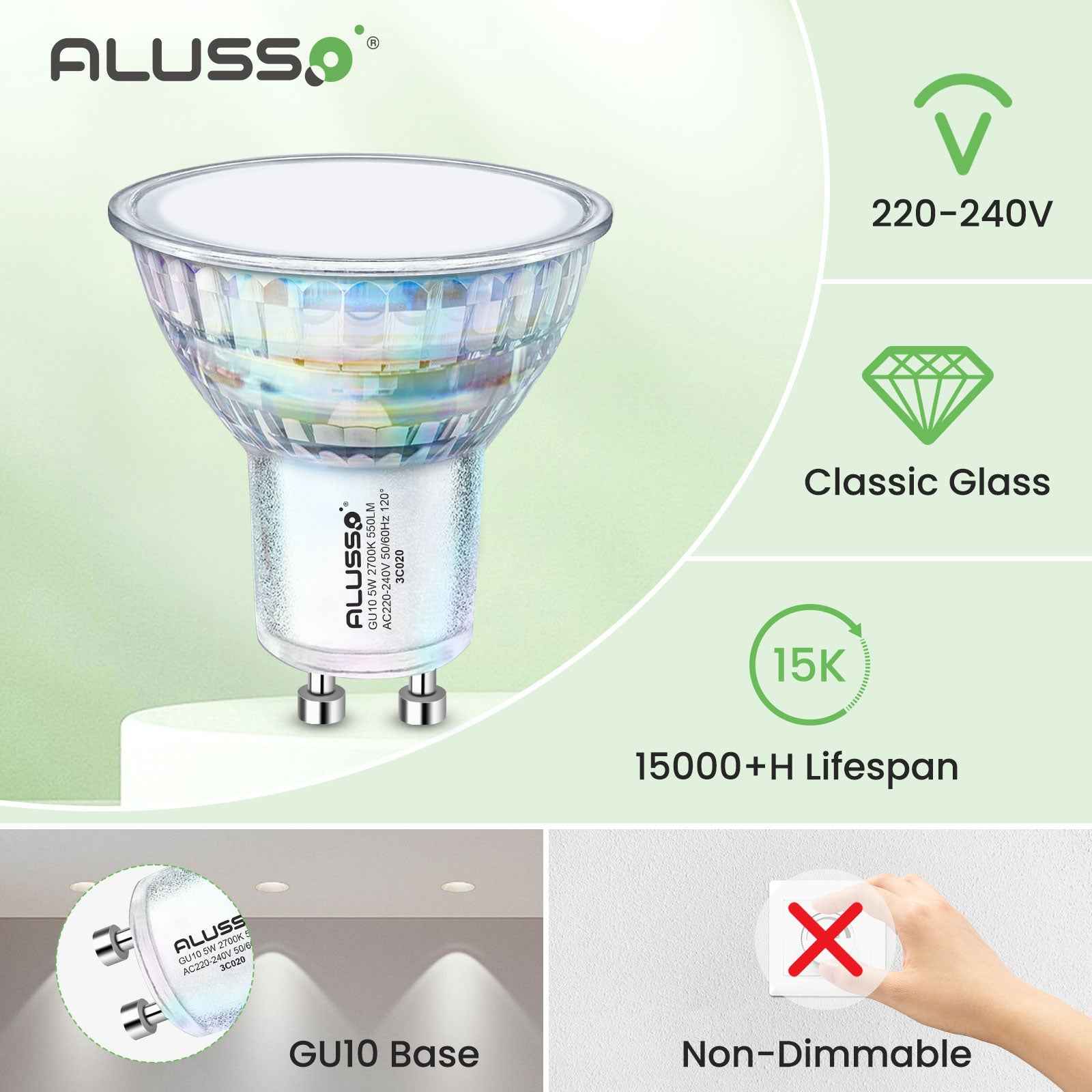 5W GU10 LED Glass Bulbs 36°/120° Beam Angle 2700K Warm White Pack of 12 - ALUSSO LIGHTING