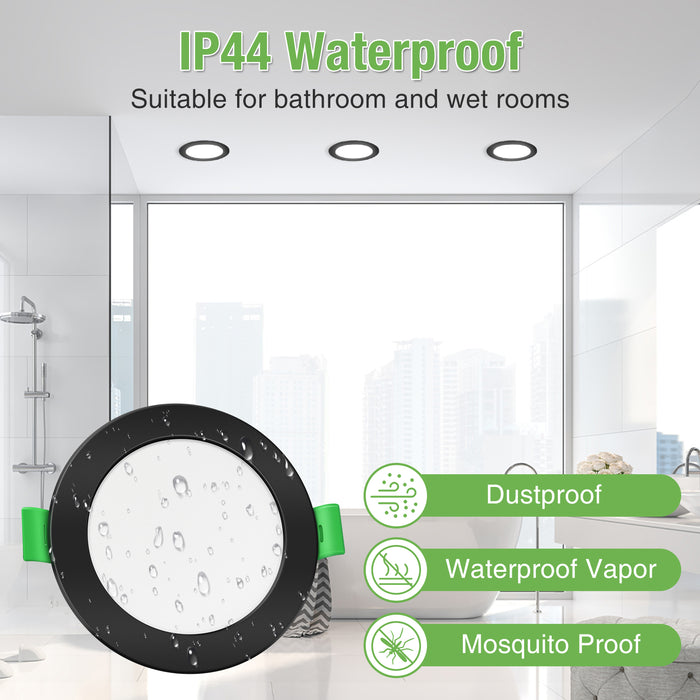 7W Black Ultra Slim LED Recessed Downlight 3CCT Dimmable IP44,Cutout 90-100mm 6 Pack