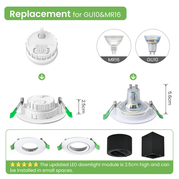 6W ∅50mm LED Module Replacement for GU10 MR16, Tri-Color, Dimmable, 60°/120° Beam Angle, IP44, 6 PACK