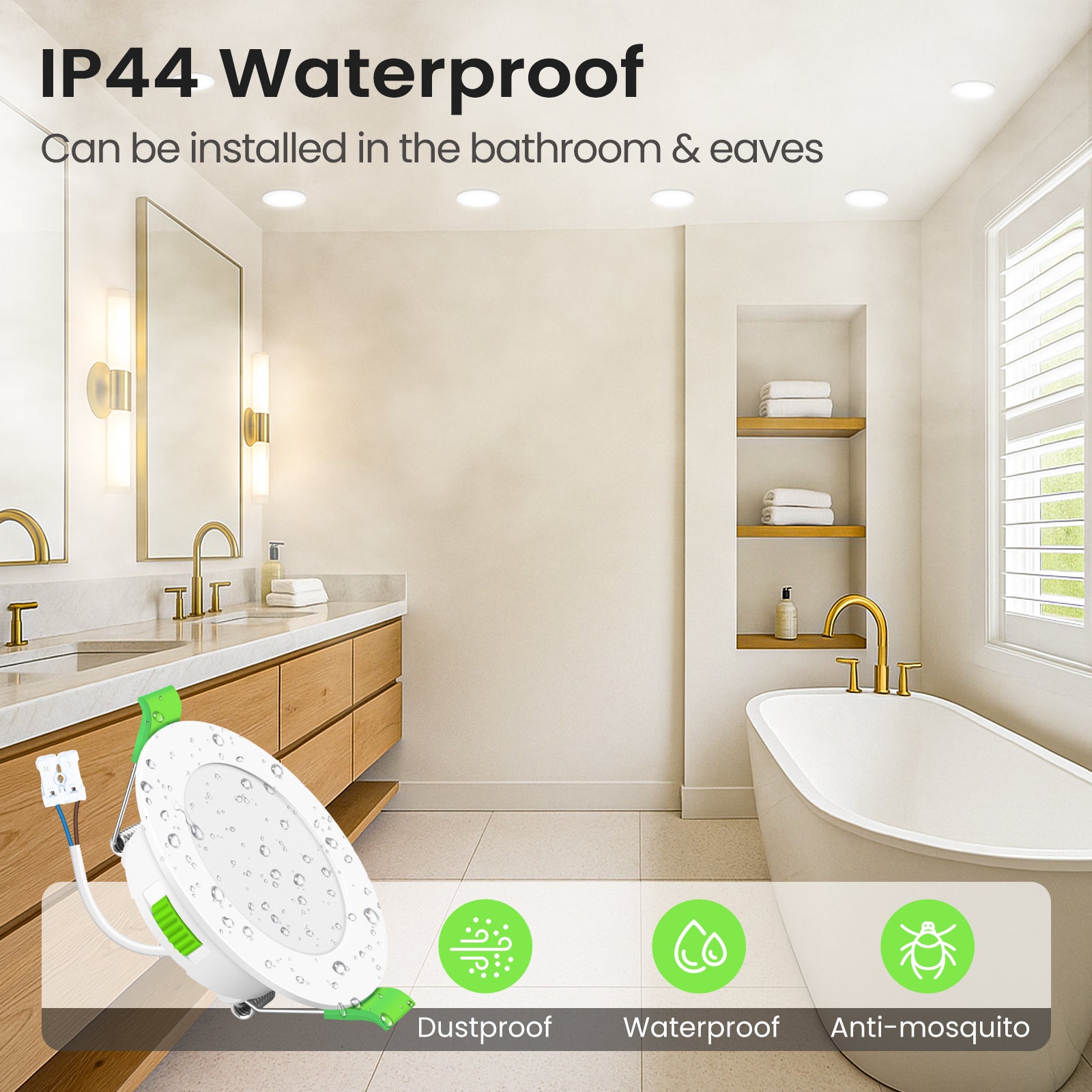 5W White Ultra Slim LED Downlight 3CCT Dimmable IP44,Cutout 72-85mm 6 Pack