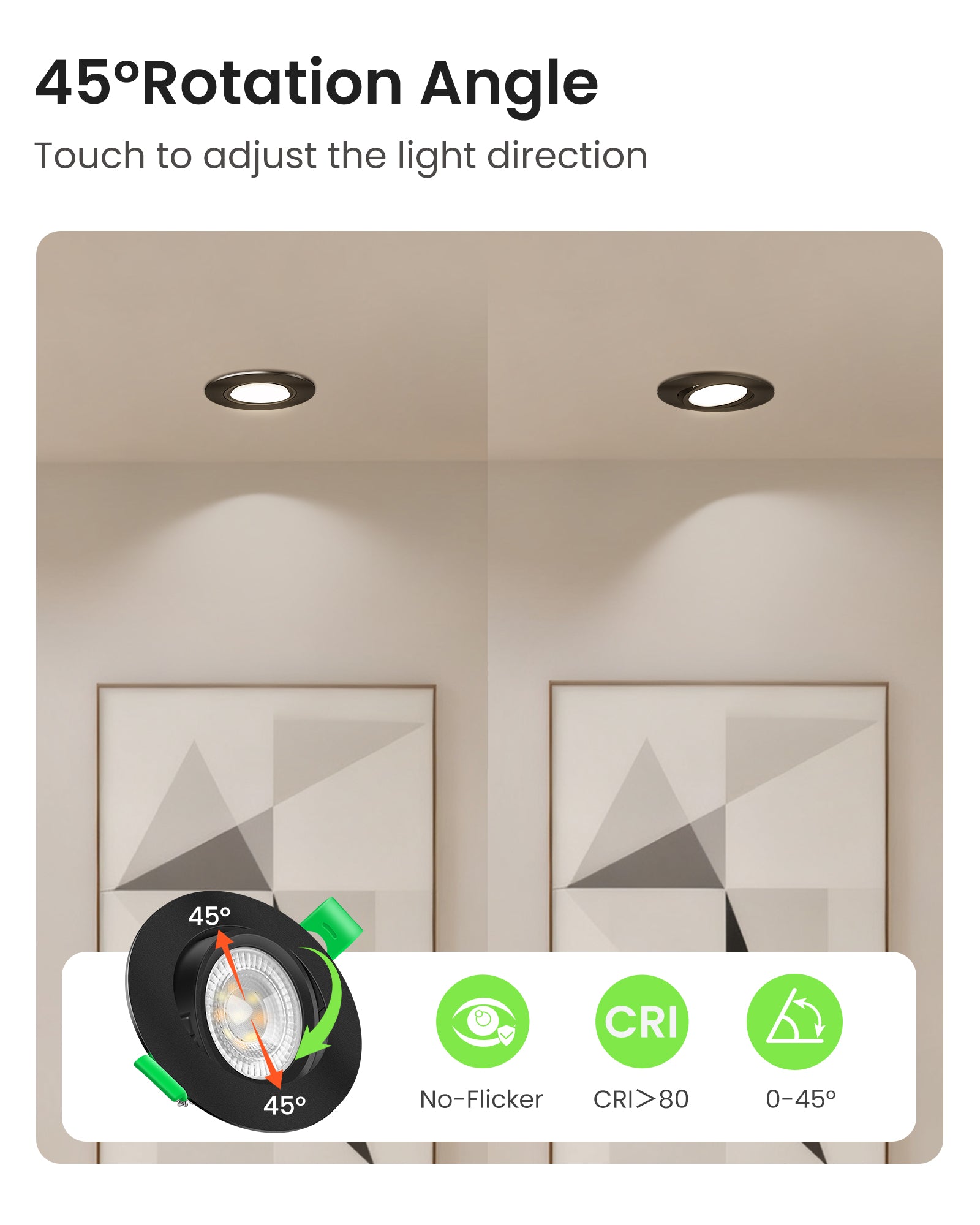 6W ∅75-78mm Swiveling Black Recessed Led Ceiling Lights Tilt Angle, Tri-Color, Dimmable, 60°/120° Variable Beam Angle, IP20, 6 PACK