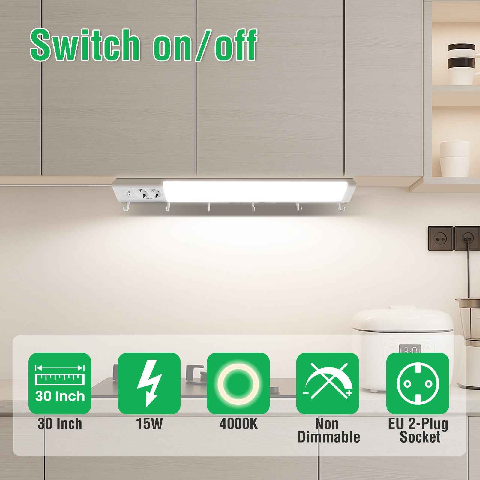 30'' LED Under-Cabinet Light EU Sockets 15W 4000K Ceiling Lamp With 6 Hooks Under Cabinet