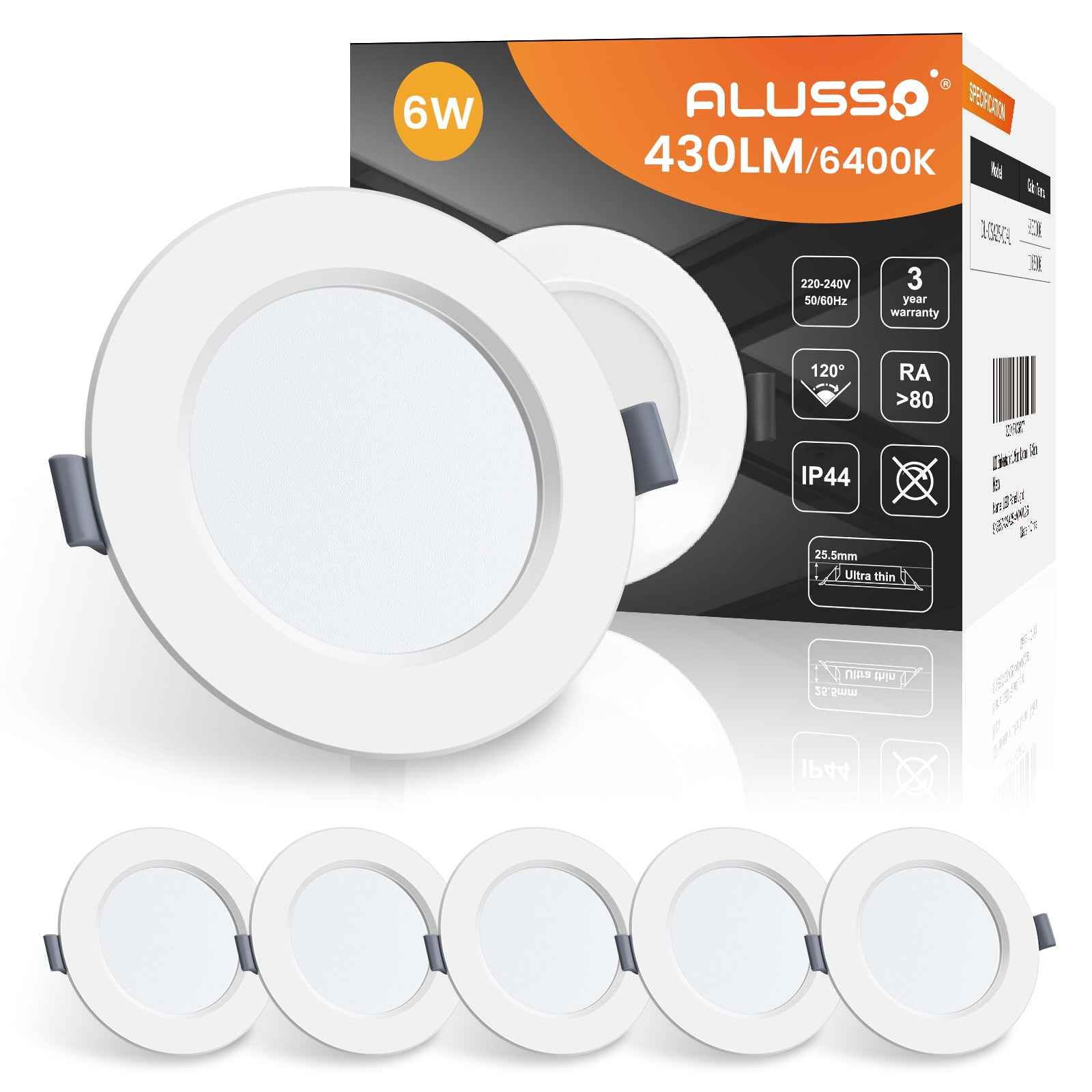 6W Ø95-100mm LED Recessed Ceiling Lights Utral Slim, Cool White 6400K, 6 PACK, IP44 - ALUSSO LIGHTING
