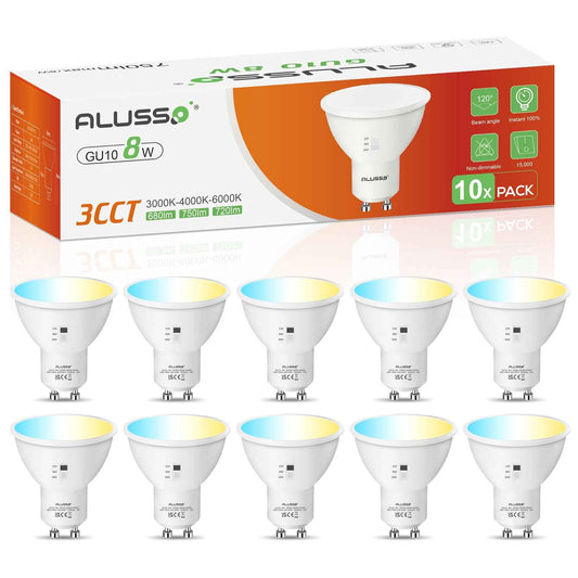 GU10/E27 LED Spotlight Bulb 8W/10W CCT 3000K/4000K/6500K, 120°/240° Beam Angle, 10 Pack - ALUSSO LIGHTING