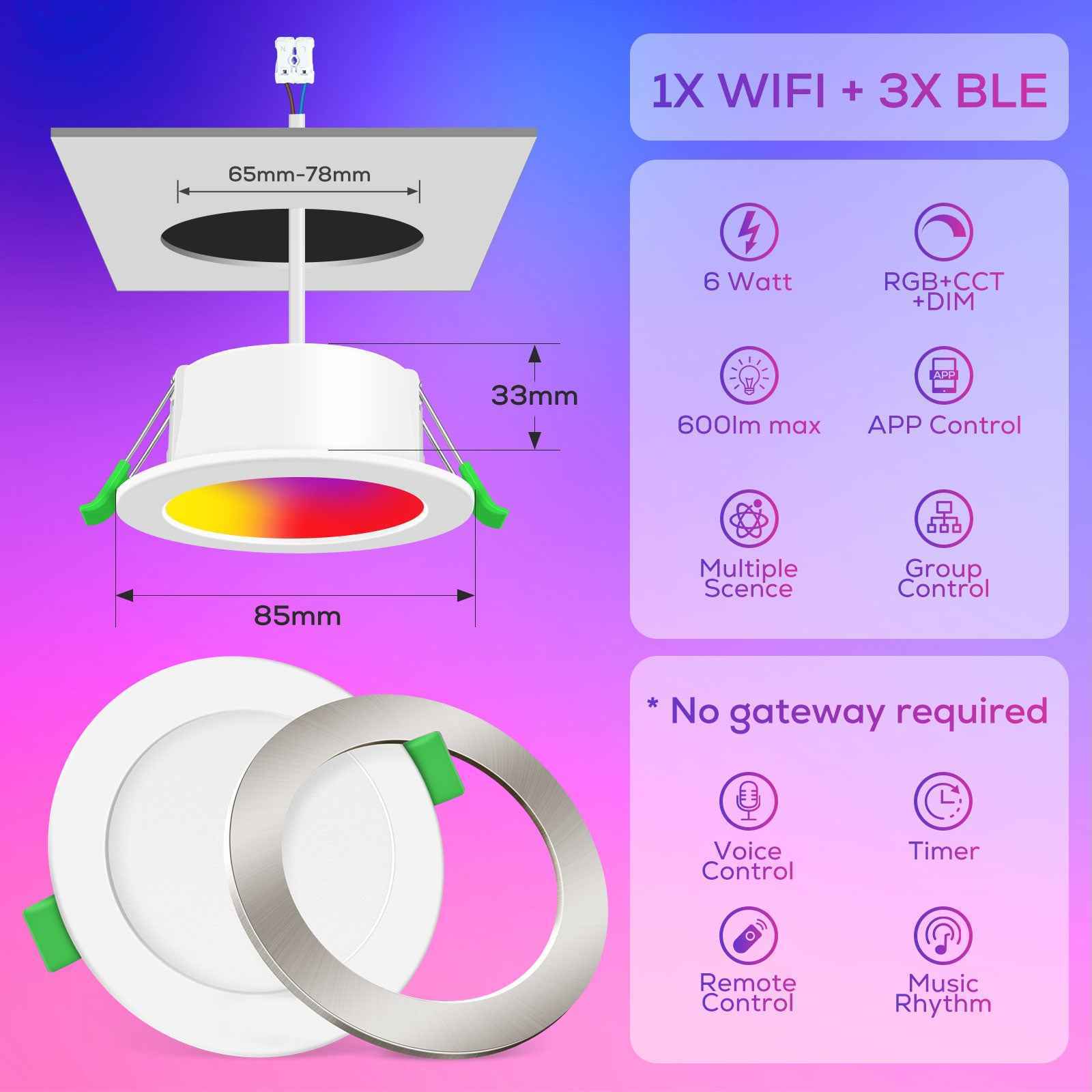 WIFI 6W Smart RGB LED Downlights, 68-75mm Cutout, White & Nickel Frame, 4 Pack, IP54