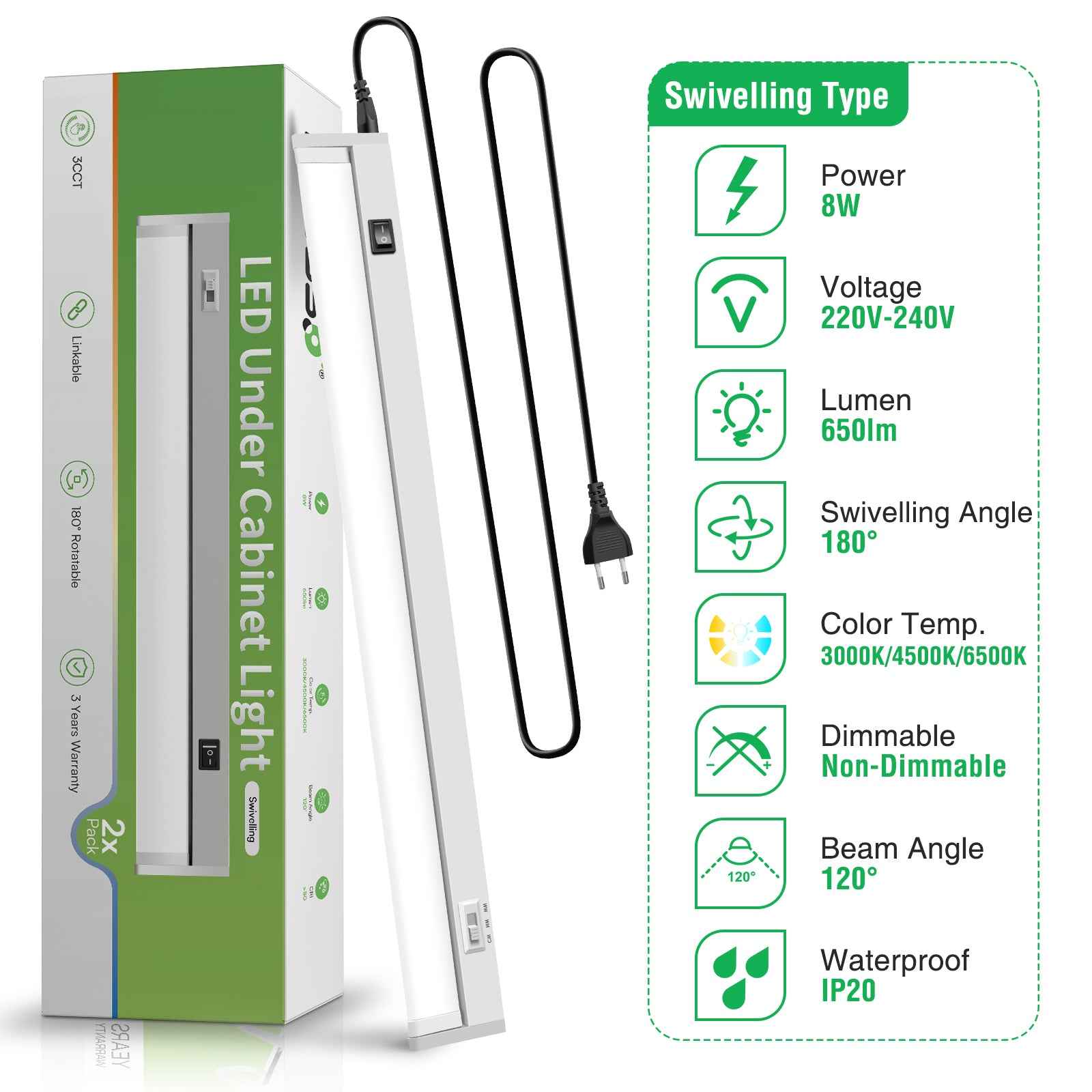 21'' LED Under-Cabinet Lighte 8W 3CCT Swivel 2pcs Linkable Kitchen Ceiling Light