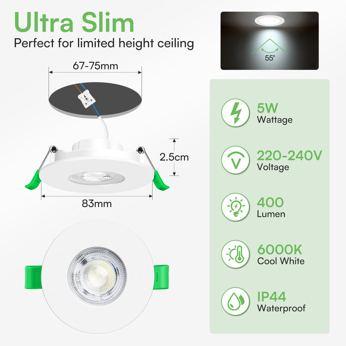 5W White Ultra Slim Recessed LED Flat Panel Ceiling Spot Lights Downlights, 55° Beam Angle, 3000K / 6000K, 6PACK