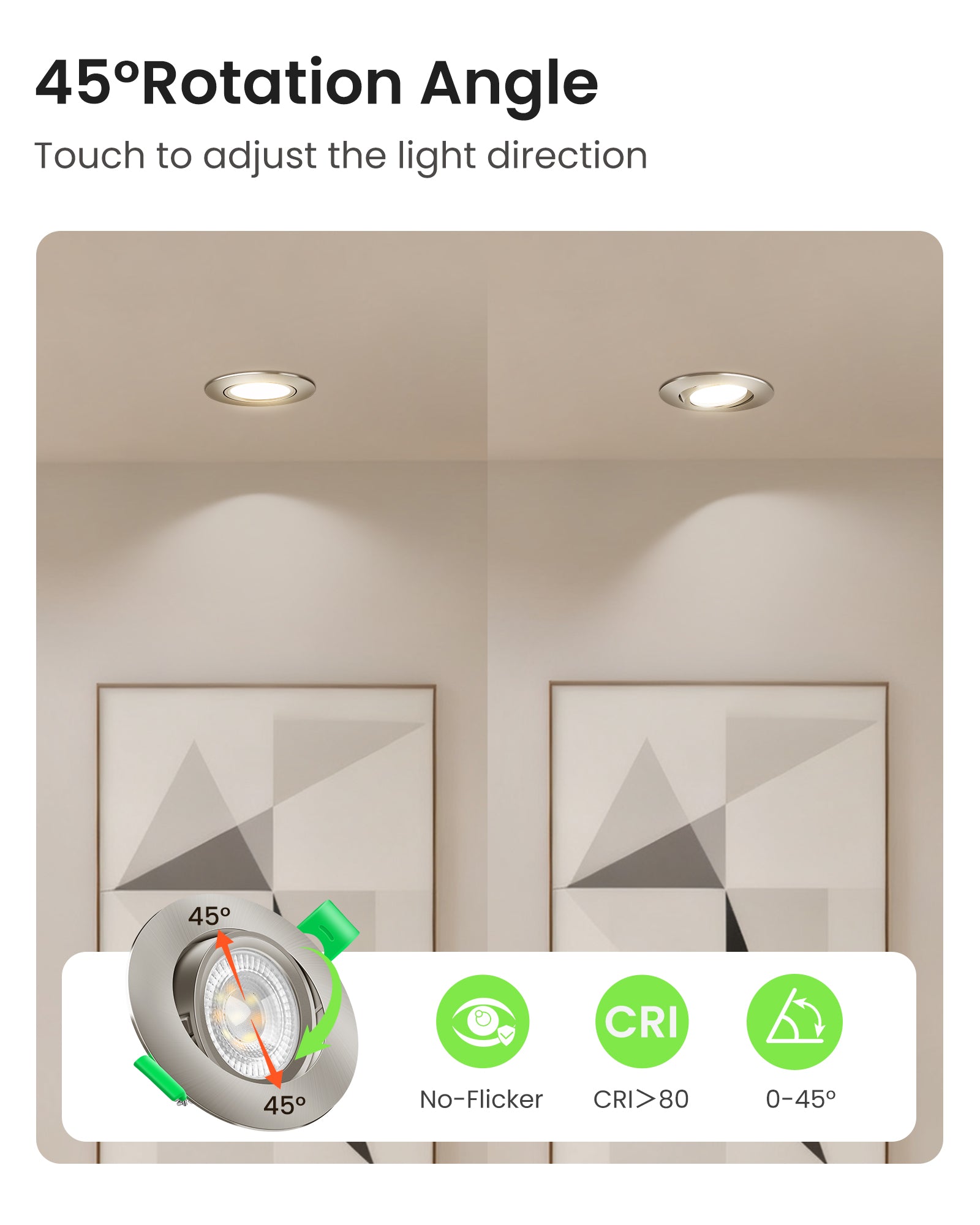 6W ∅75-78mm Swiveling Nickel Recessed Led Ceiling Lights Tilt Angle, Tri-Color, Dimmable, 60°/120° Variable Beam Angle, IP20, 6 PACK