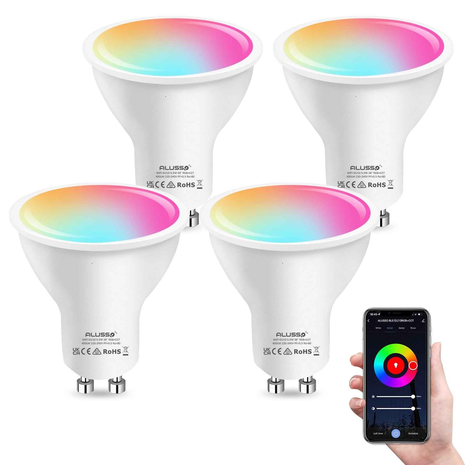 WiFi 5.5W Smart GU10 LED Bulbs, 38° Beam Angle, RGB CCT Dimmable, 4 Pack, Alexa Google Home App Control - ALUSSO LIGHTING