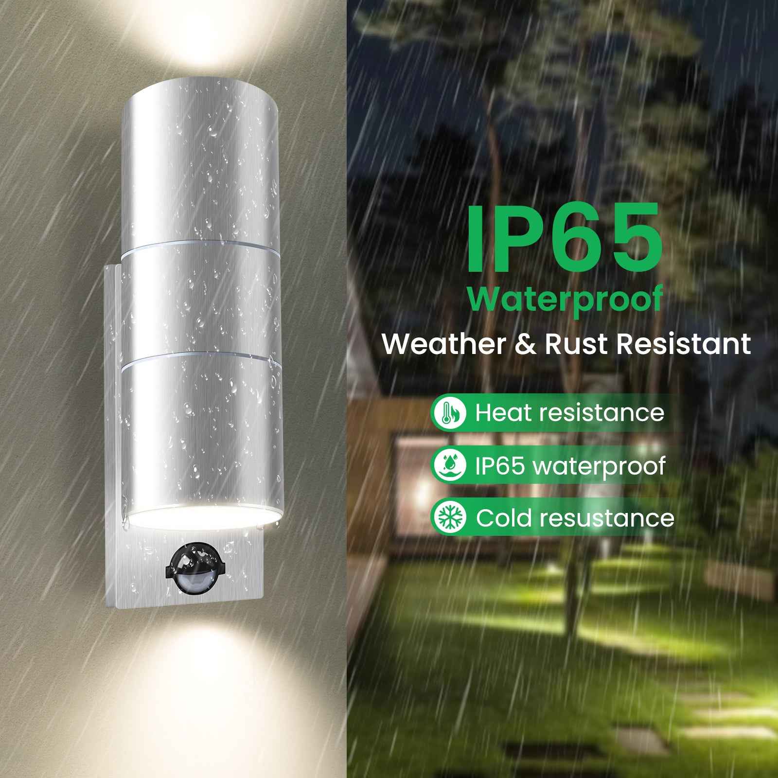 Up Down Wall Light with PIR Motion Sensor Stainless Steel IP65, 3000K/4000K/6000K, Silver - ALUSSO LIGHTING