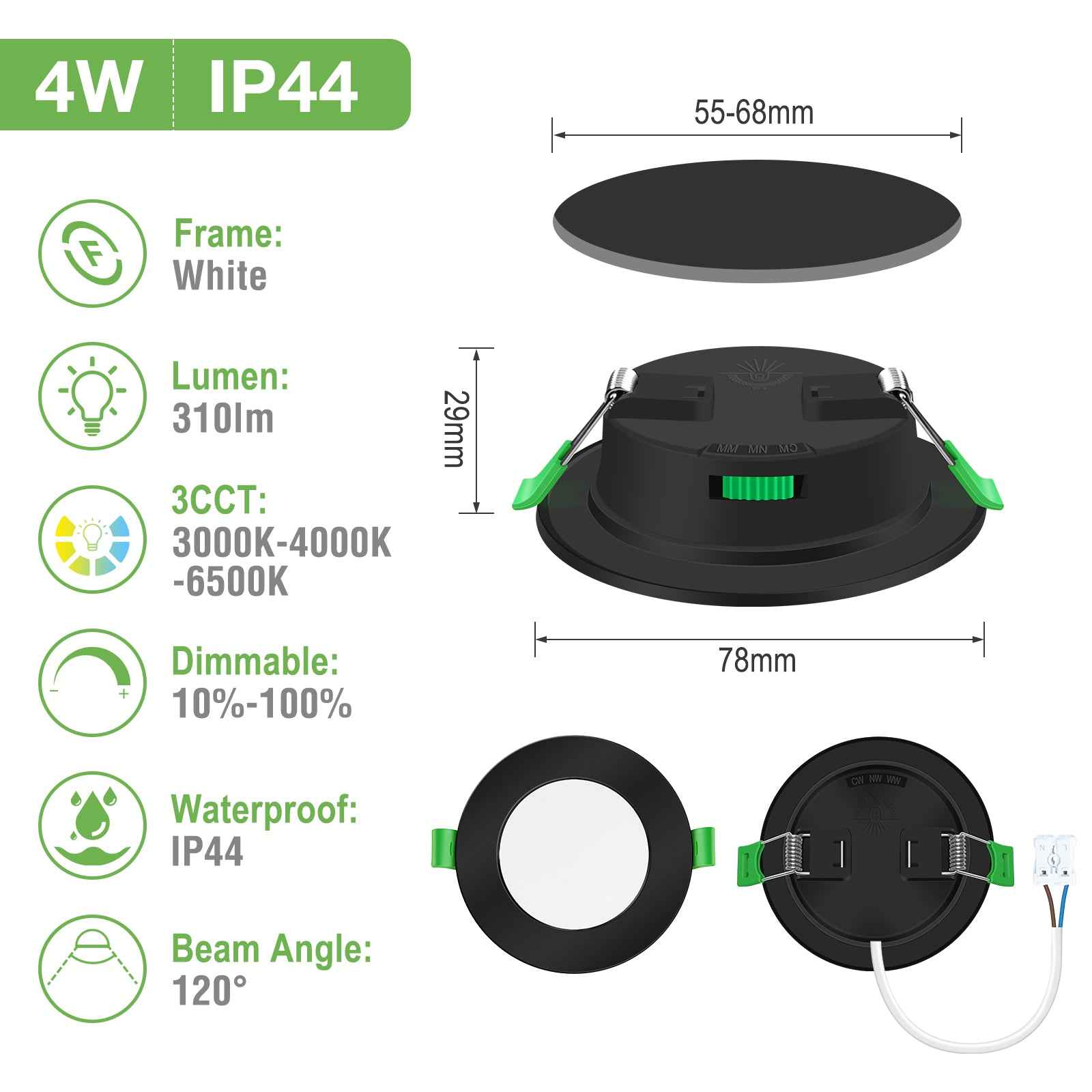 4W 5W 7W 10W 15W 22W Ultra Slim LED Downlight 55-205mm Cutout 3CCT 3000K 4000K 6500K Dimmable IP44 White/Nickel/Black Frame, 6 Pack - ALUSSO LIGHTING