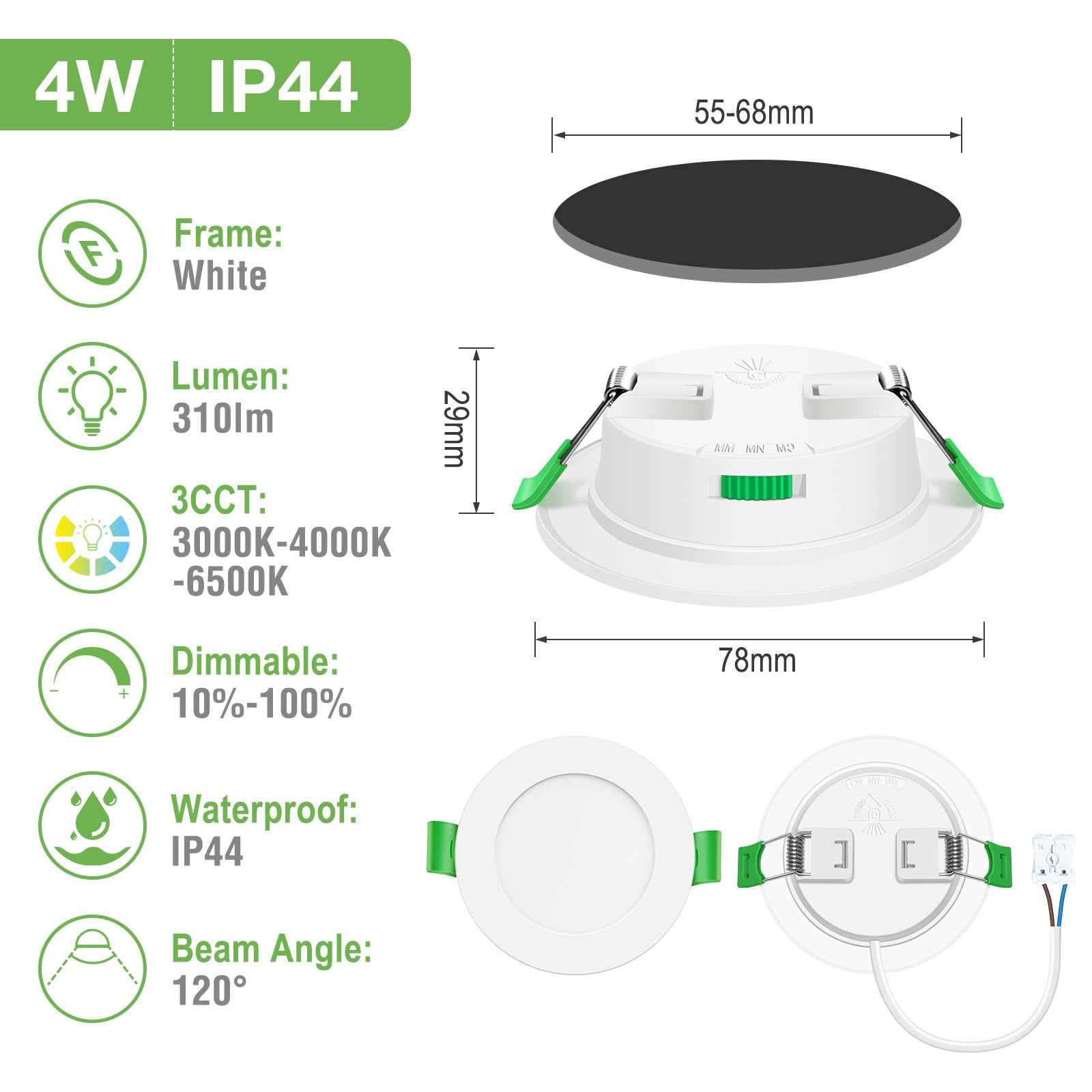 4W 5W 7W 10W 15W 22W Ultra Slim LED Downlight 55-205mm Cutout 3CCT 3000K 4000K 6500K Dimmable IP44 White/Nickel/Black Frame, 6 Pack - ALUSSO LIGHTING