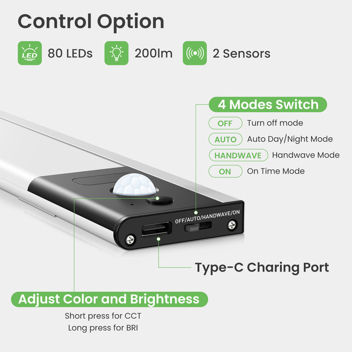 Wireless LED PIR Motion Sensor Cabinet Light, USB Rechargeable, 3 Modes, Dimmable, 3000K-4000K-6500K
