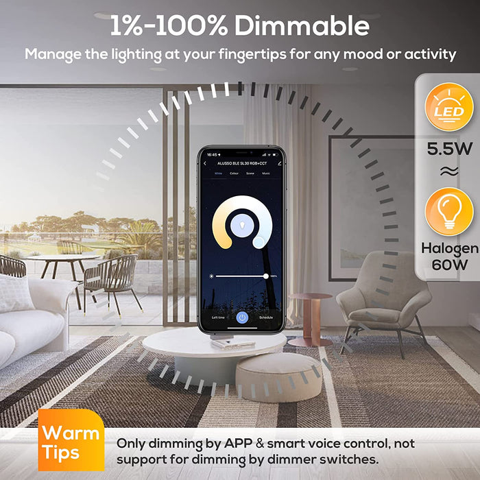 WiFi 5.5W Smart C37 E14 LED Bulbs, 180° Beam Angle, RGB CCT Dimmable, 4 Pack, Alexa Google Home App Control